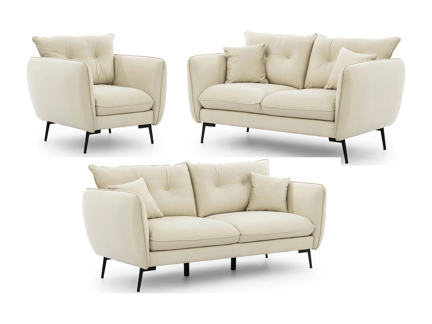 Nordloft - Modernes Polstergarnitur 3+2+1 aus Beige Samt-Stoff mit Hohen Schwarzen Metallfüßen und schöner Sitzkomfort