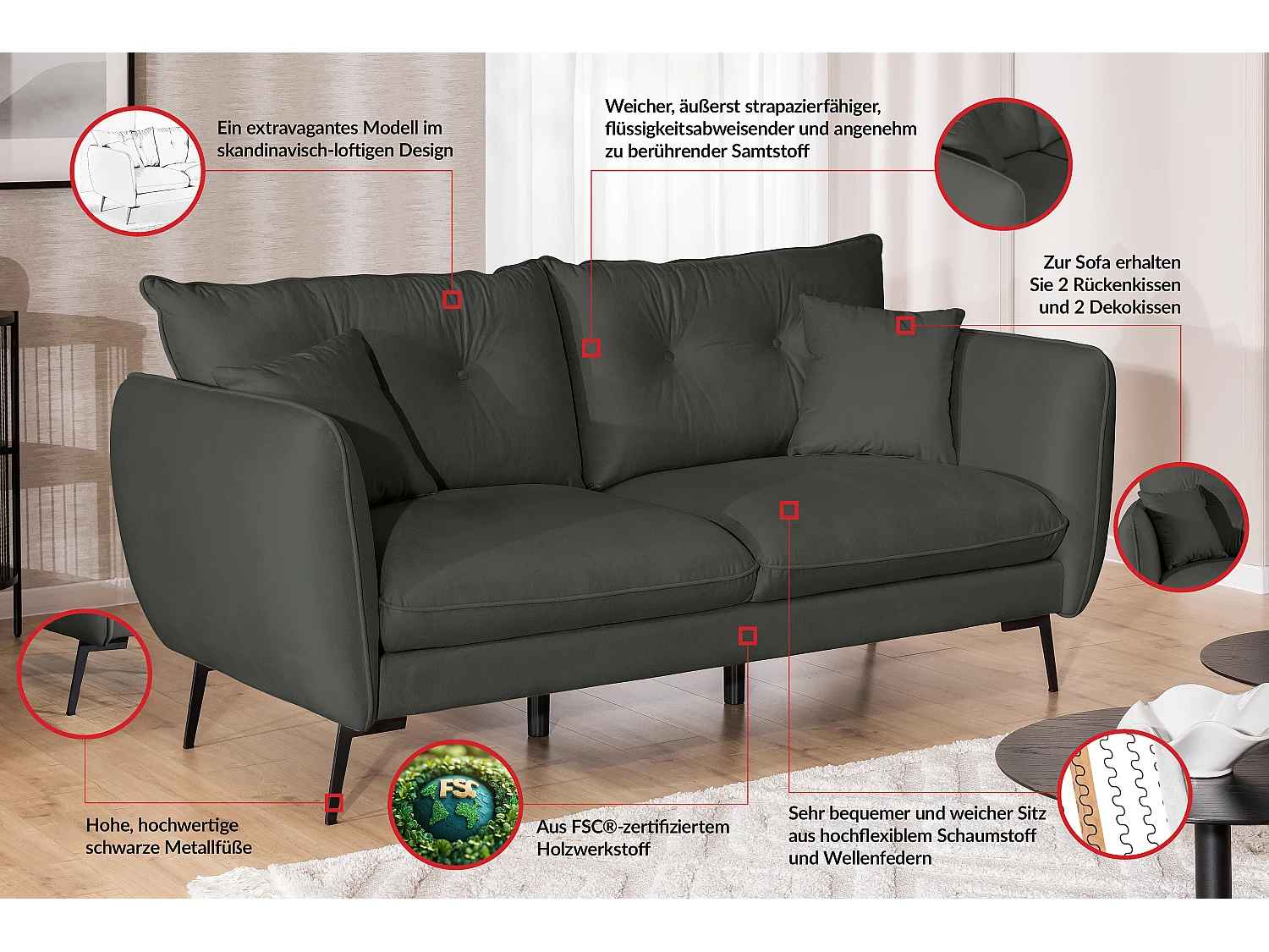 Ensemble de canapés 3+2 en tissu avec de hauts pieds en métal noir Nordloft