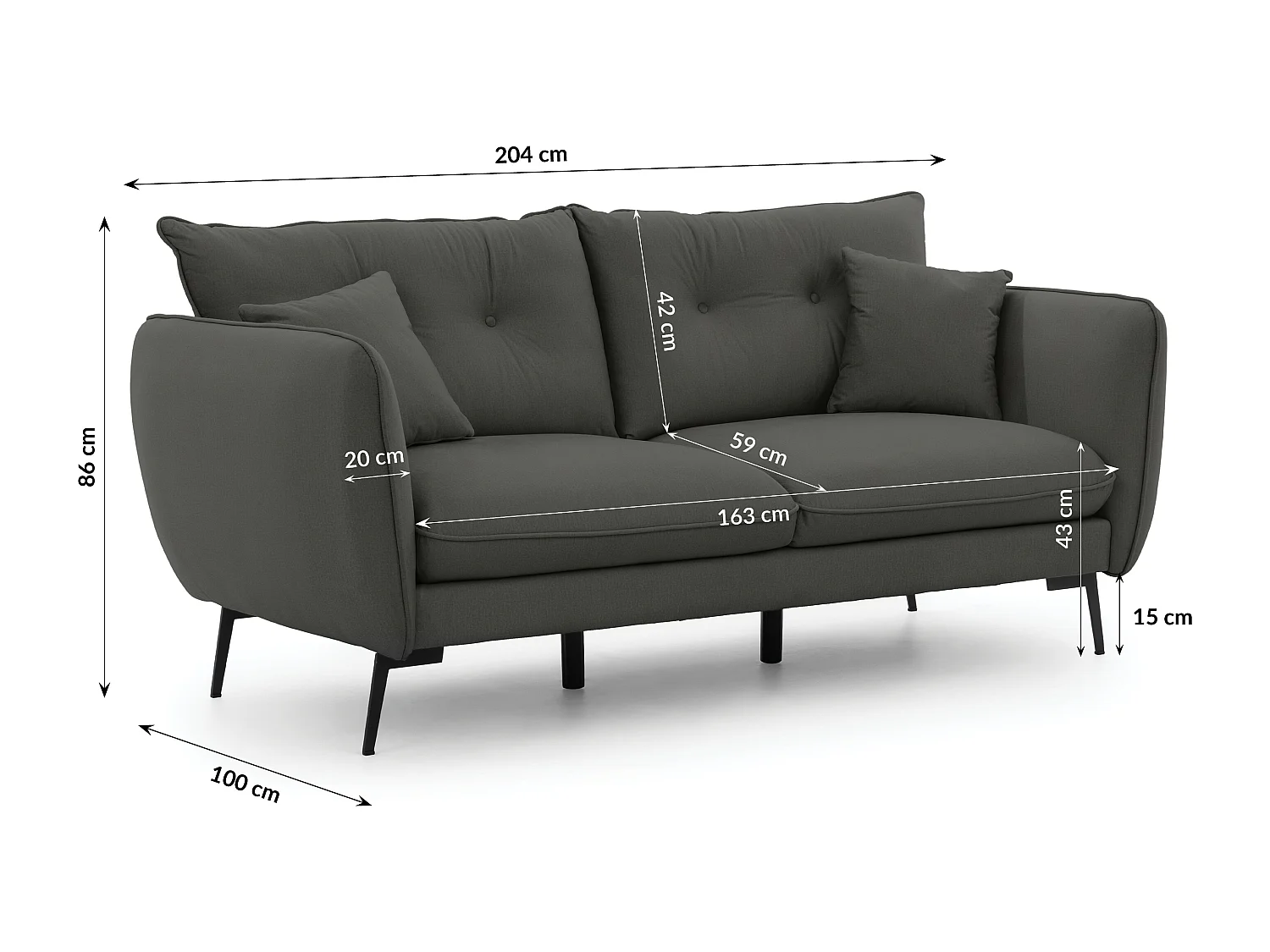 Ensemble de canapés 3+2 en tissu avec de hauts pieds en métal noir Nordloft