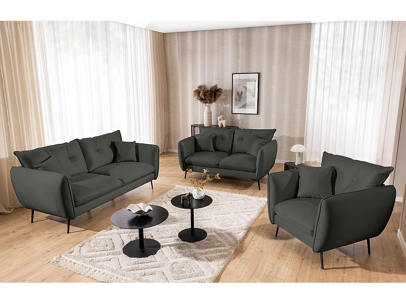 Nordloft - Modernes Polstergarnitur 3+2+1 aus Dunkelgrau Samt-Stoff mit Hohen Schwarzen Metallfüßen und schöner Sitzkomfort