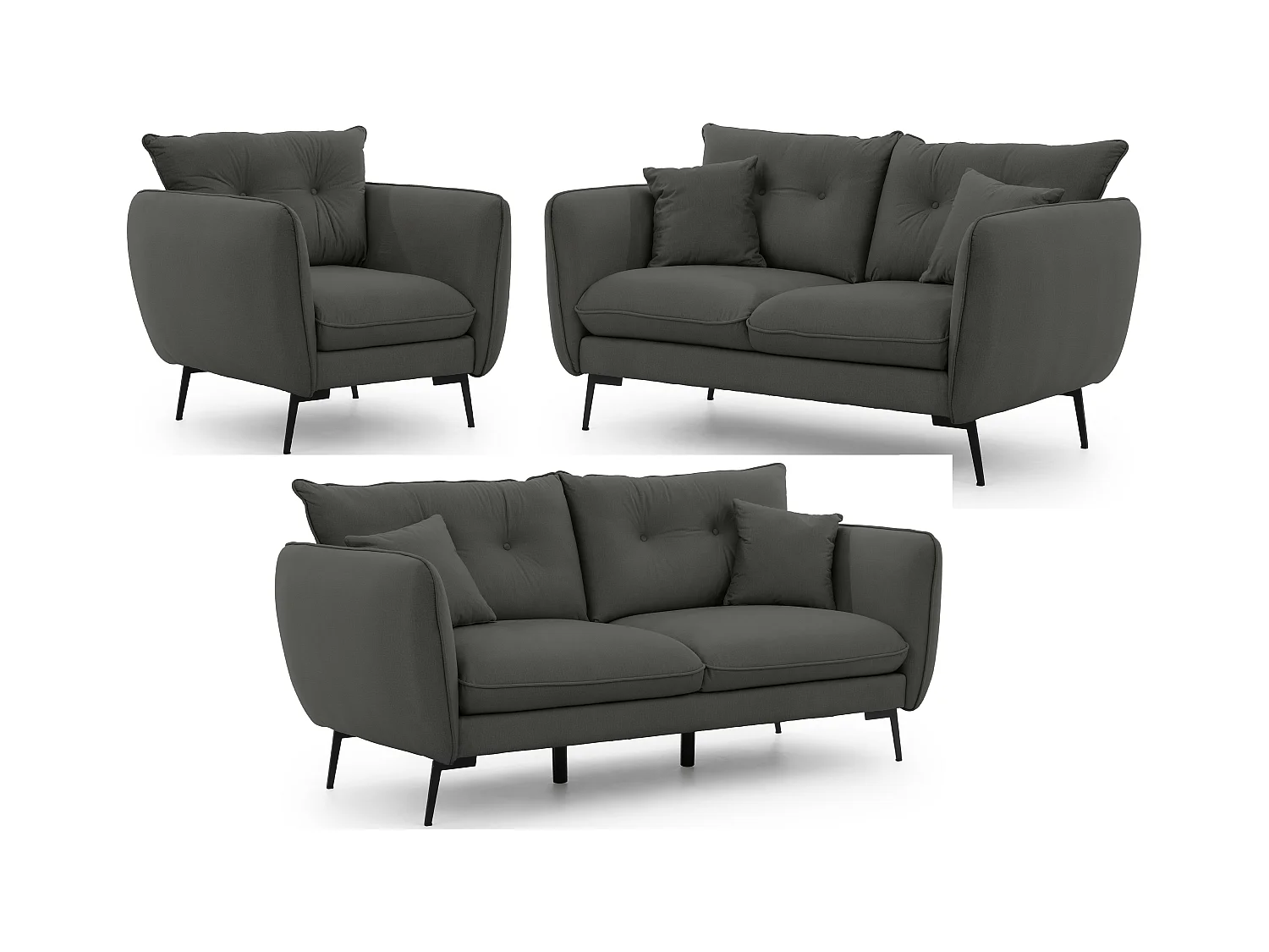 Nordloft - Modernes Polstergarnitur 3+2+1 aus Dunkelgrau Samt-Stoff mit Hohen Schwarzen Metallfüßen und schöner Sitzkomfort
