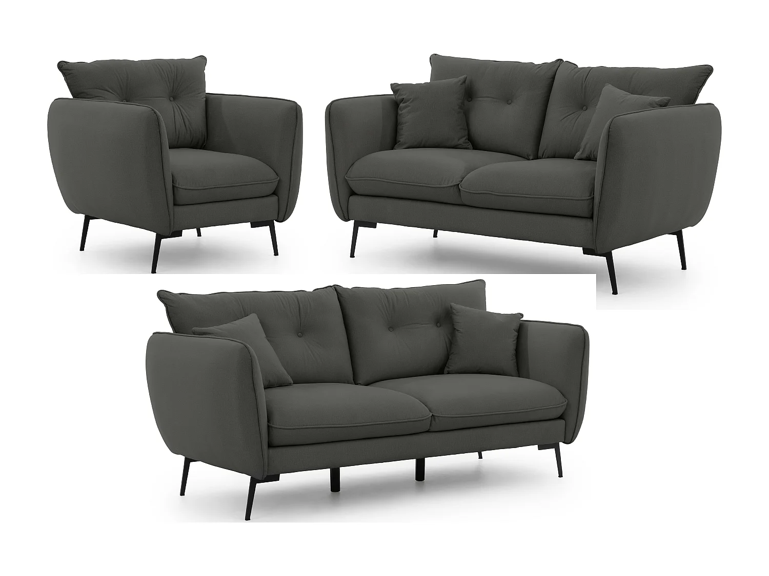 Nordloft - Modernes Polstergarnitur 3+2+1 aus Dunkelgrau Samt-Stoff mit Hohen Schwarzen Metallfüßen und schöner Sitzkomfort