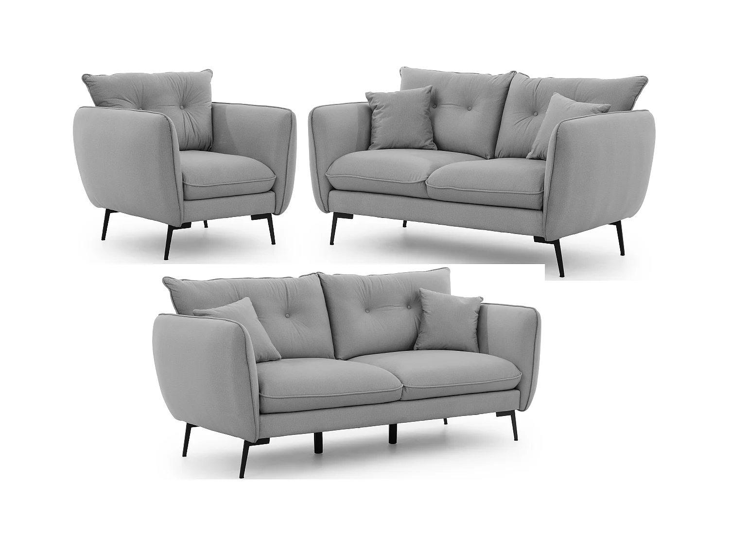 Nordloft - Modernes Polstergarnitur 3+2+1 aus Hellgrau Samt-Stoff mit Hohen Schwarzen Metallfüßen und schöner Sitzkomfort
