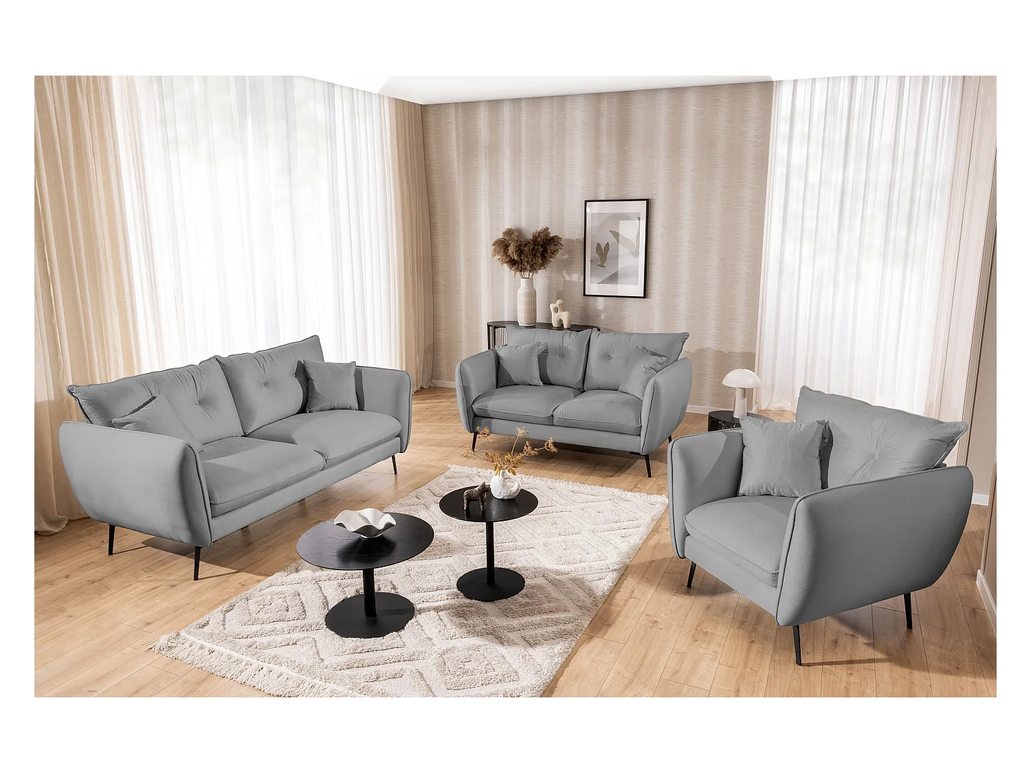Ensemble de canapés 3+2+1 en tissu avec de hauts pieds en métal noir Nordloft