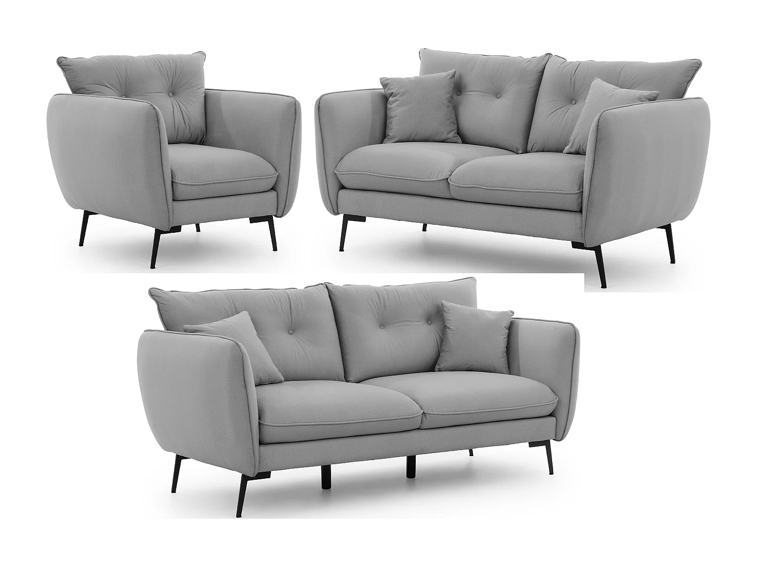 Nordloft - Modernes Polstergarnitur 3+2+1 aus Hellgrau Samt-Stoff mit Hohen Schwarzen Metallfüßen und schöner Sitzkomfort