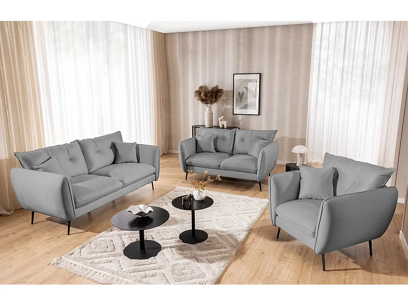 Nordloft - Modernes Polstergarnitur 3+2+1 aus Hellgrau Samt-Stoff mit Hohen Schwarzen Metallfüßen und schöner Sitzkomfort