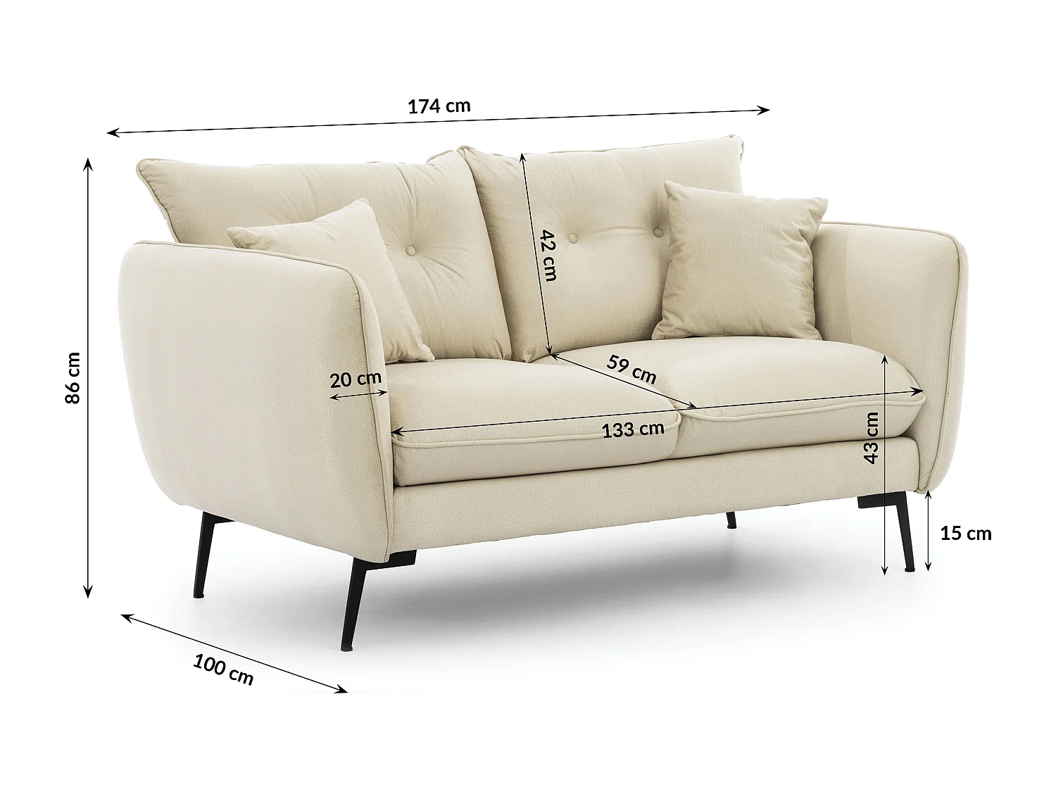 Nordloft - Modernes Polstergarnitur 3+2 aus Beige Samt-Stoff mit Hohen Schwarzen Metallfüßen und schöner Sitzkomfort