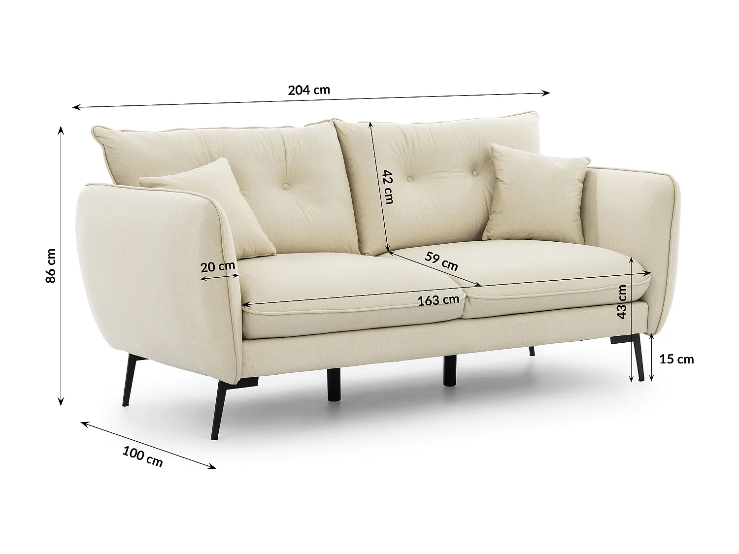 Ensemble de canapés 3+2 en tissu avec de hauts pieds en métal noir Nordloft