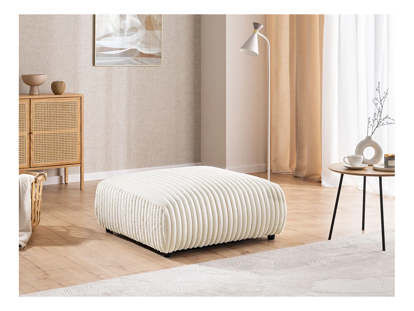 Mollis - Hocker aus Hellbeige Plüschcord schöner Sitzkomfort