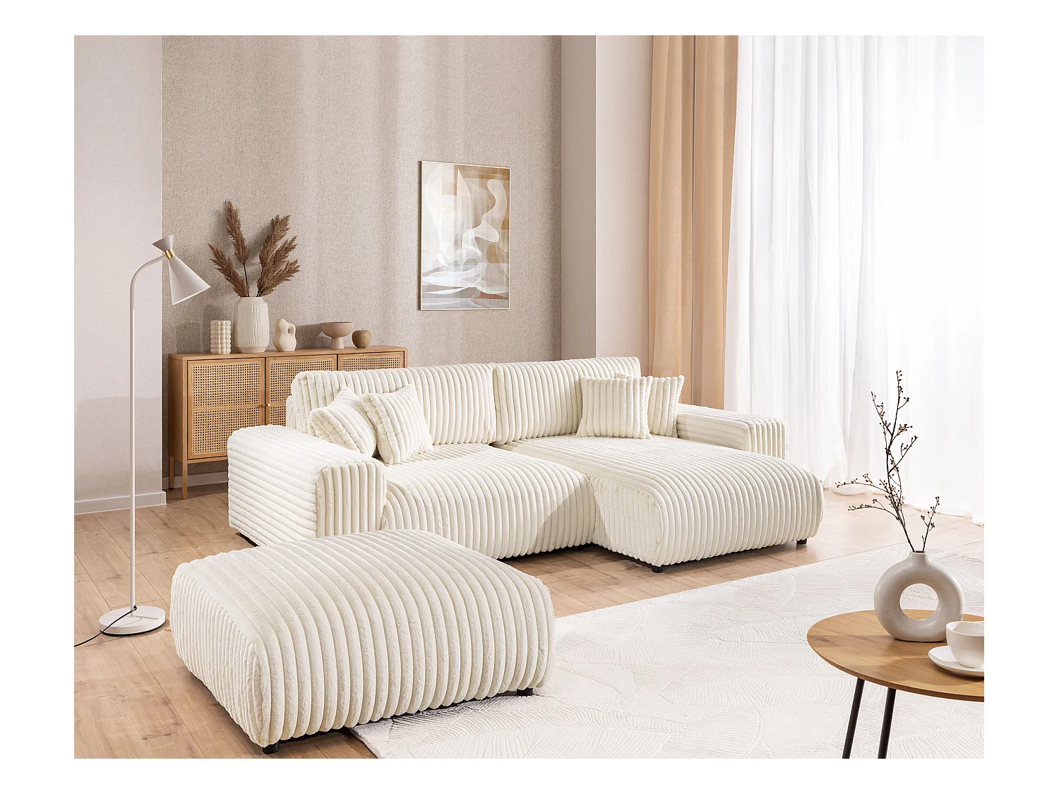 Mollis - Hocker aus Hellbeige Plüschcord schöner Sitzkomfort