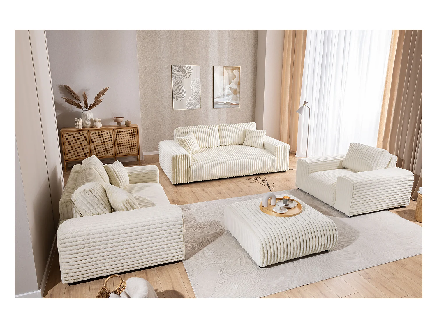 Mollis - Hocker aus Hellbeige Plüschcord schöner Sitzkomfort