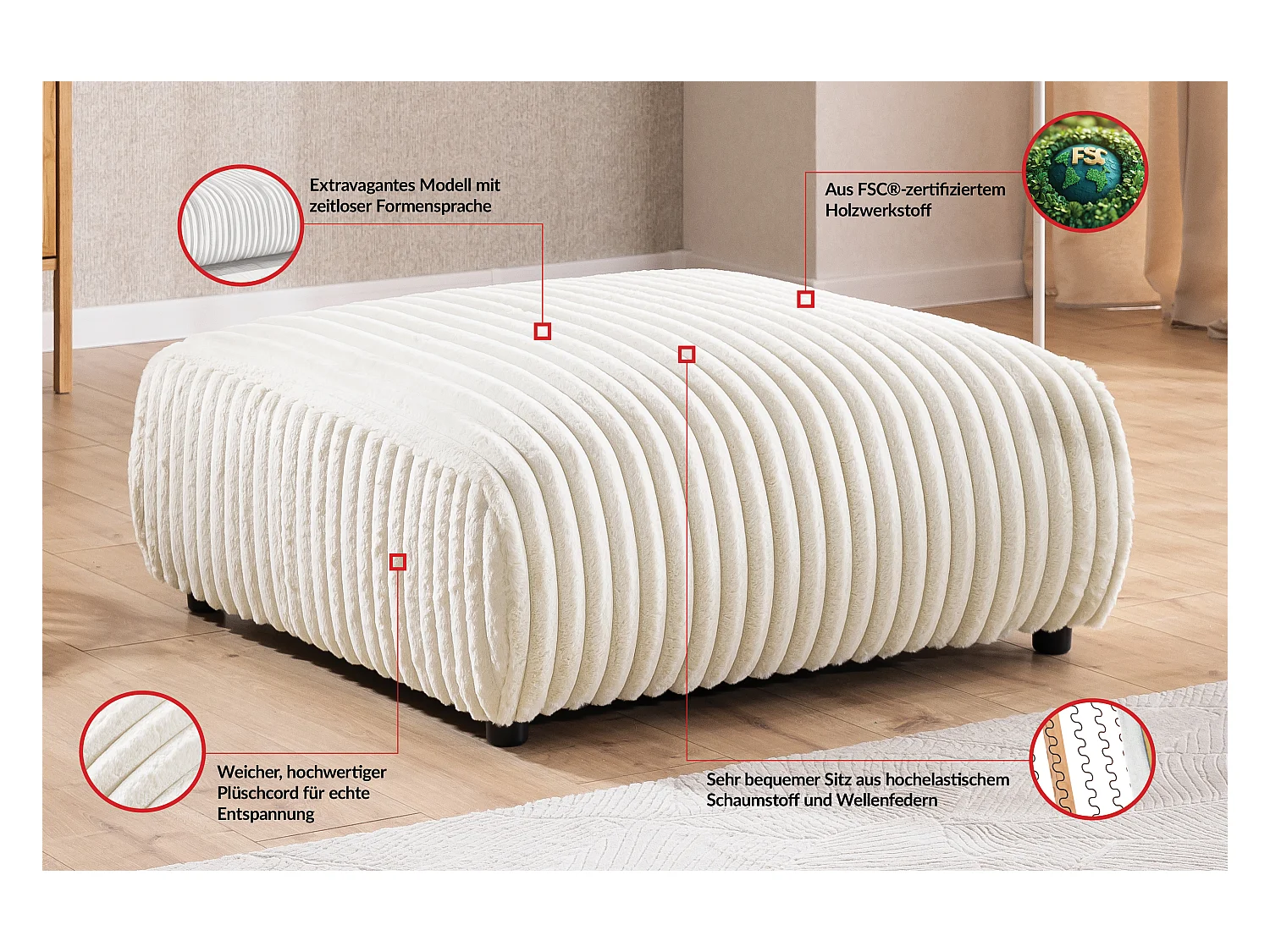 Mollis - Hocker aus Hellbeige Plüschcord schöner Sitzkomfort