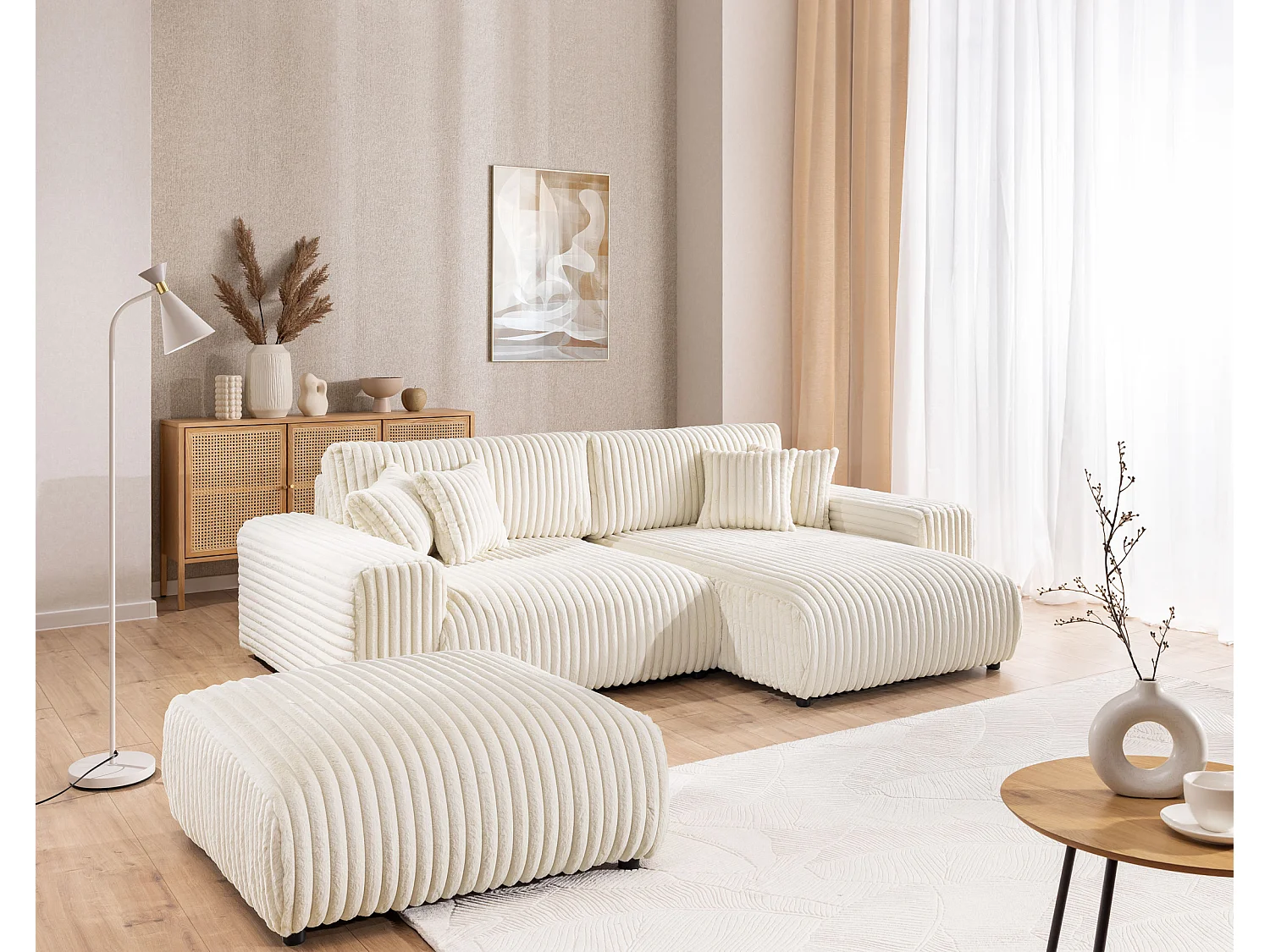 Mollis - Hocker aus Hellbeige Plüschcord schöner Sitzkomfort