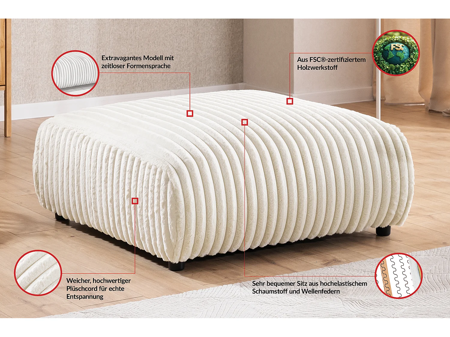 Mollis - Hocker aus Hellbeige Plüschcord schöner Sitzkomfort