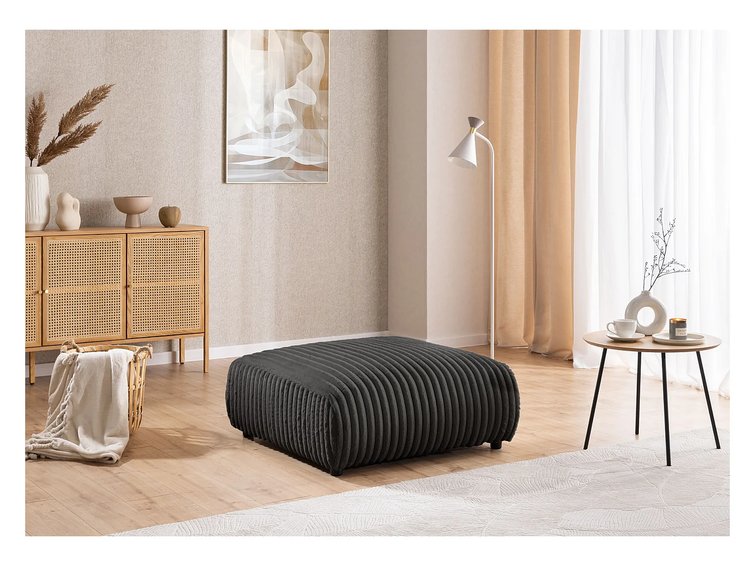 Mollis - Hocker aus Dunkelgrau Plüschcord schöner Sitzkomfort