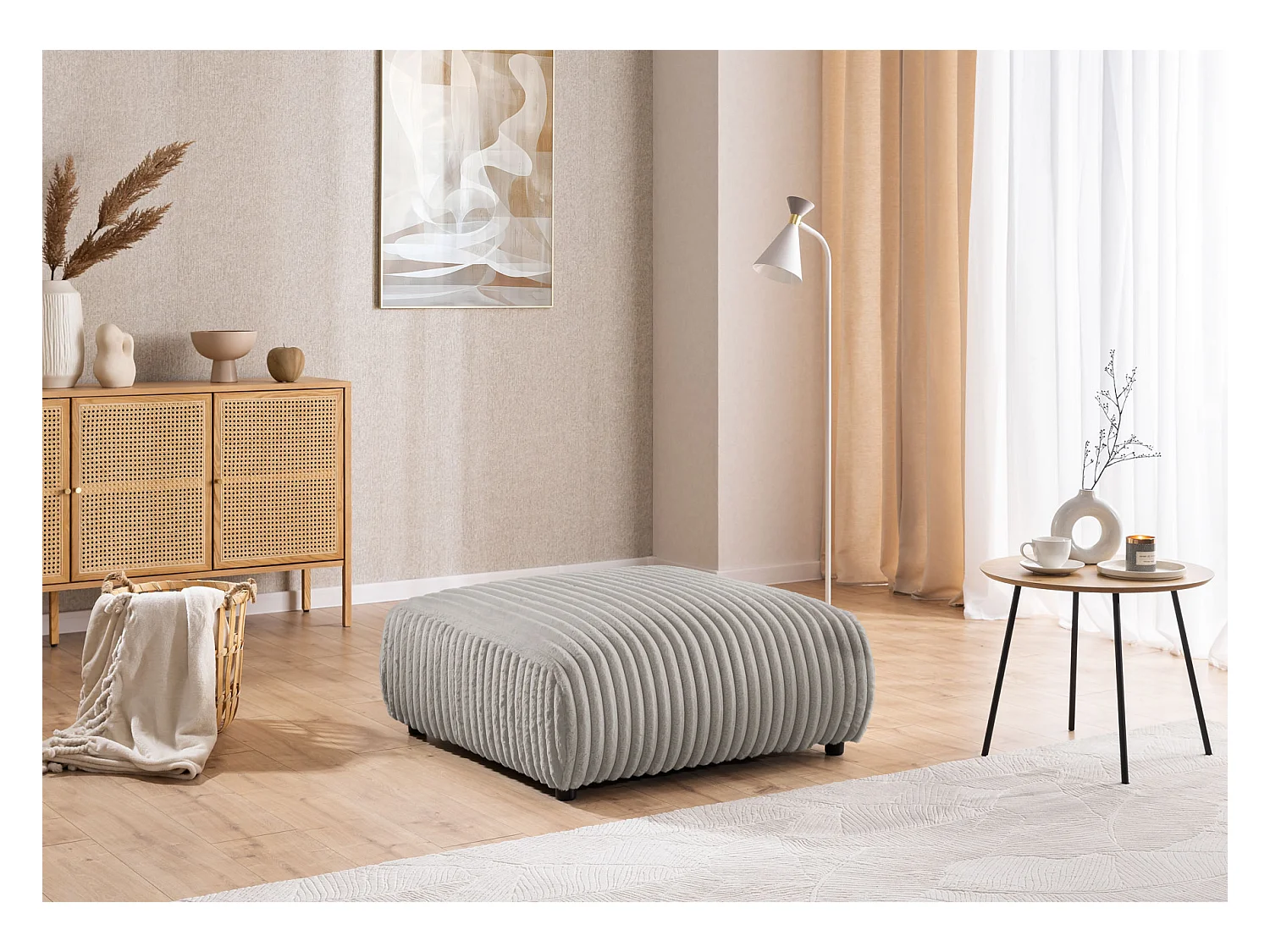 Mollis - Hocker aus Hellgrau Plüschcord schöner Sitzkomfort