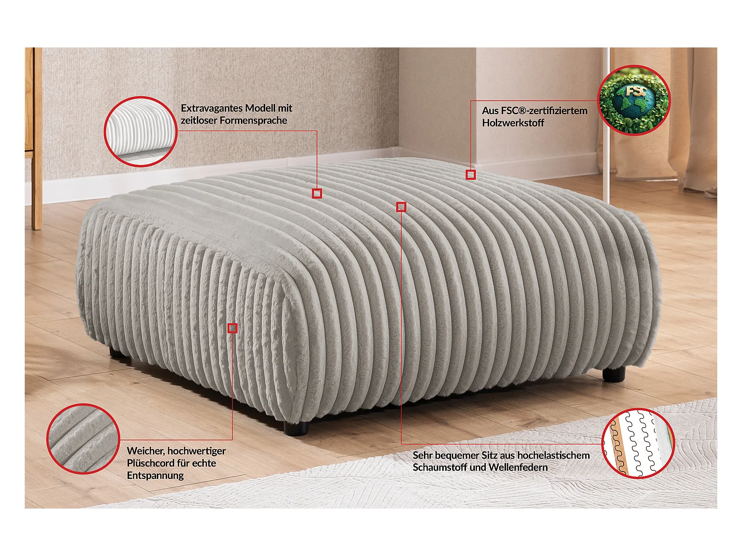 Mollis - Hocker aus Hellgrau Plüschcord schöner Sitzkomfort