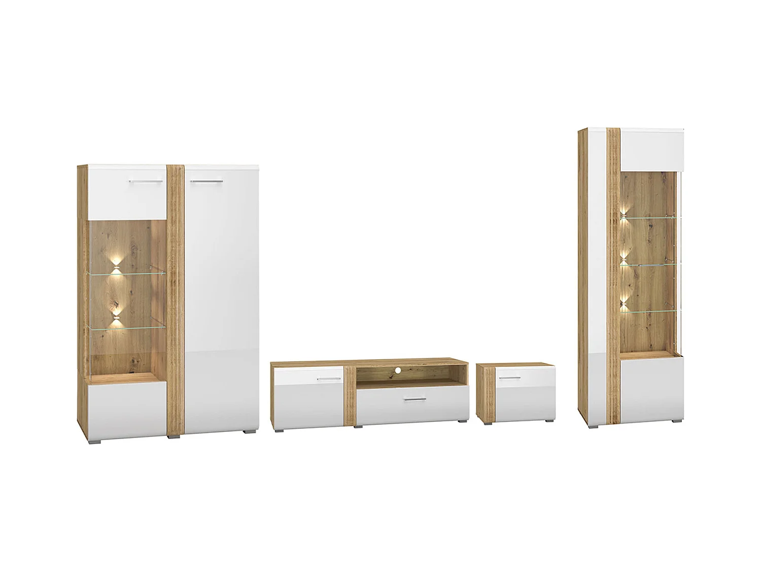 WOHHNZIMMER-SET Adagio weiß Hochglanz / Eiche castello 4-teilig