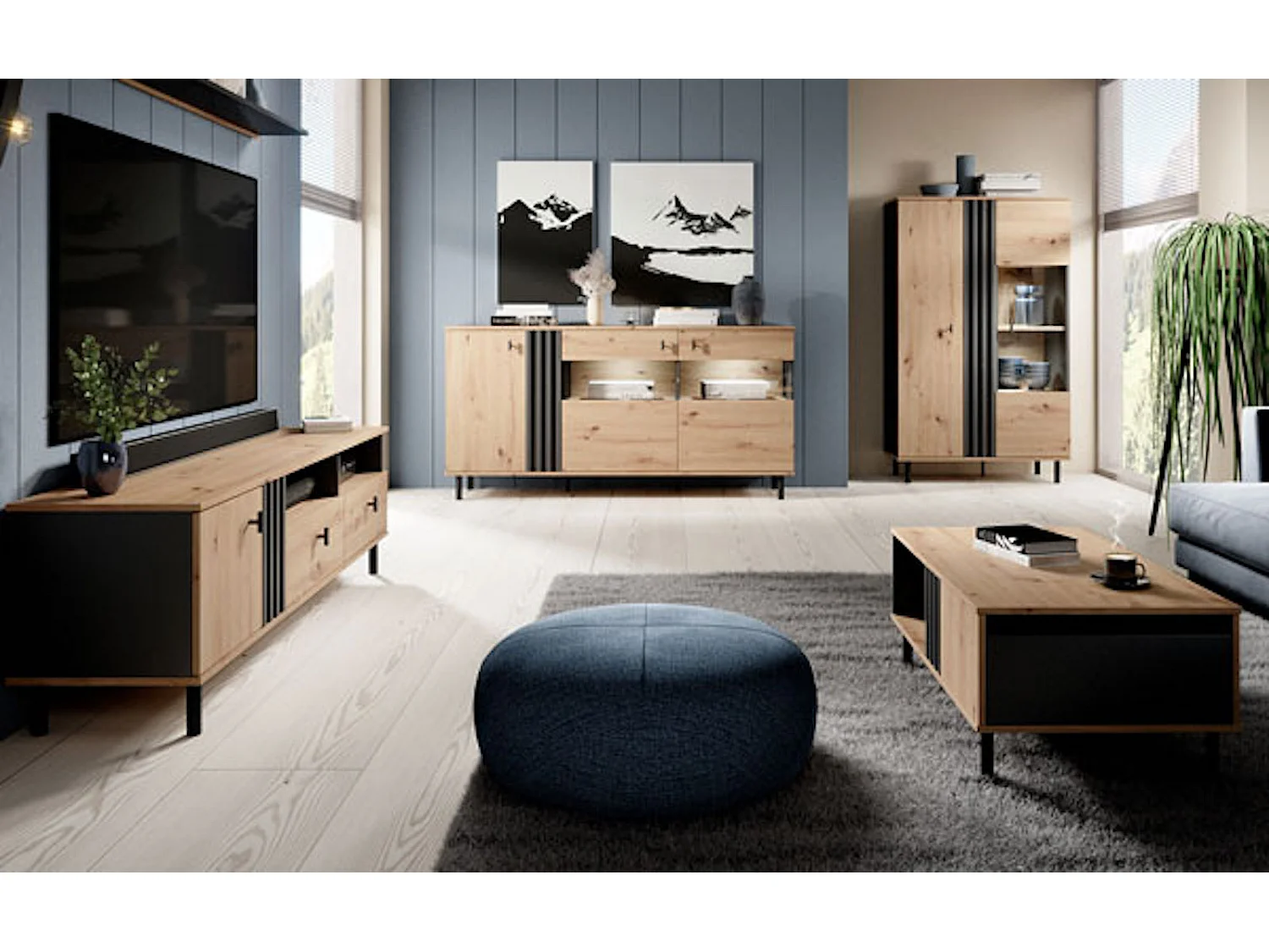 WOHNZIMMER-SET Madis sand grange eiche / anthrazit 4-teilig