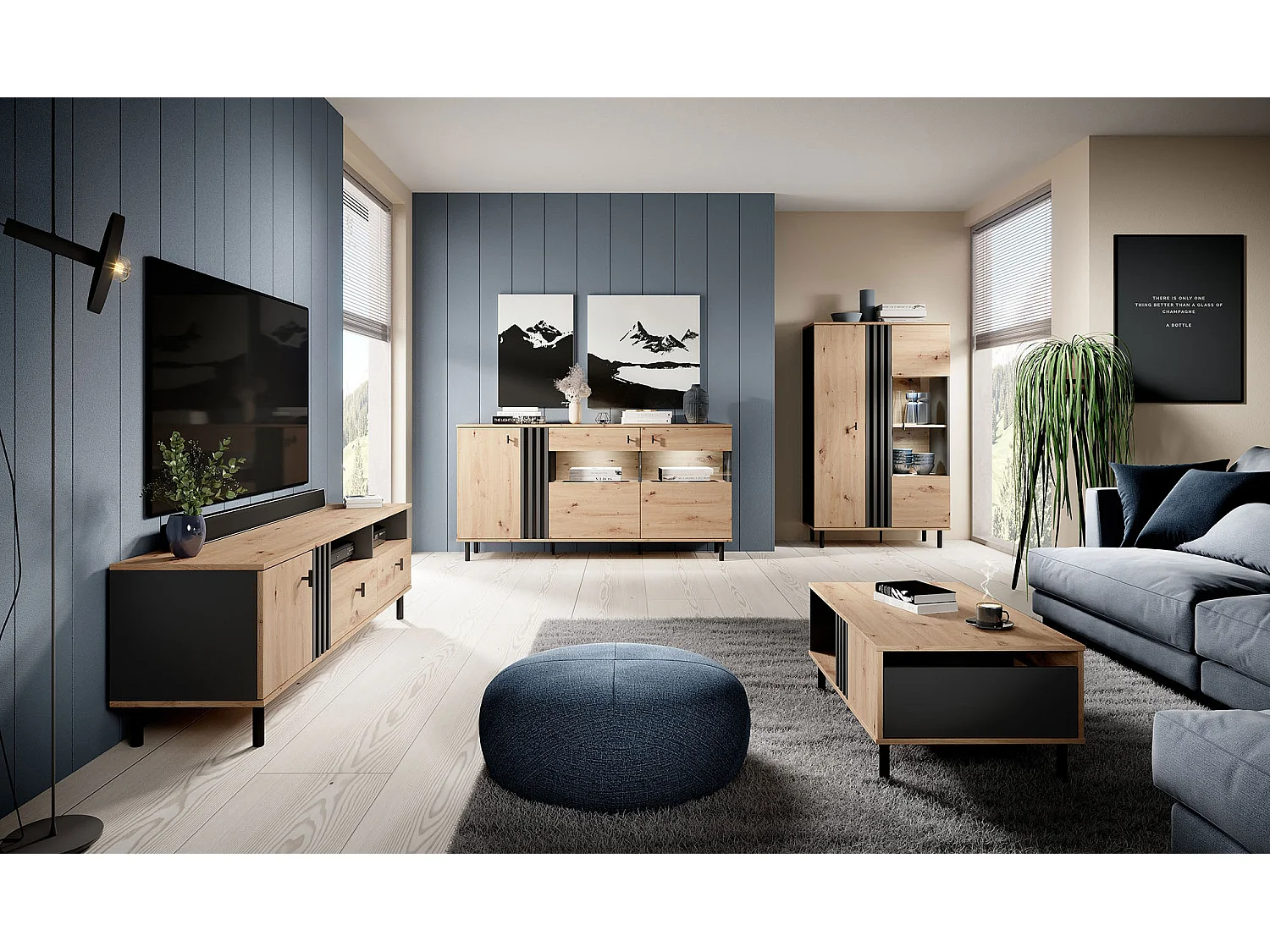 WOHNZIMMER-SET Madis sand grange eiche / anthrazit 4-teilig