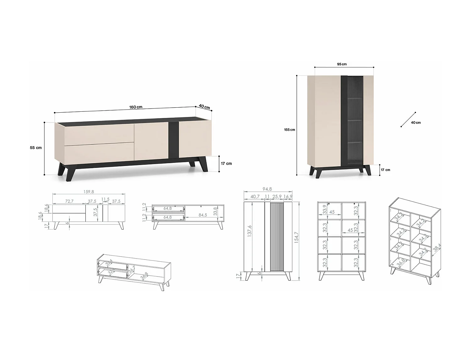 WOHNZIMMER-SET Freshion Kaschmir / Schwarz 2-teilig
