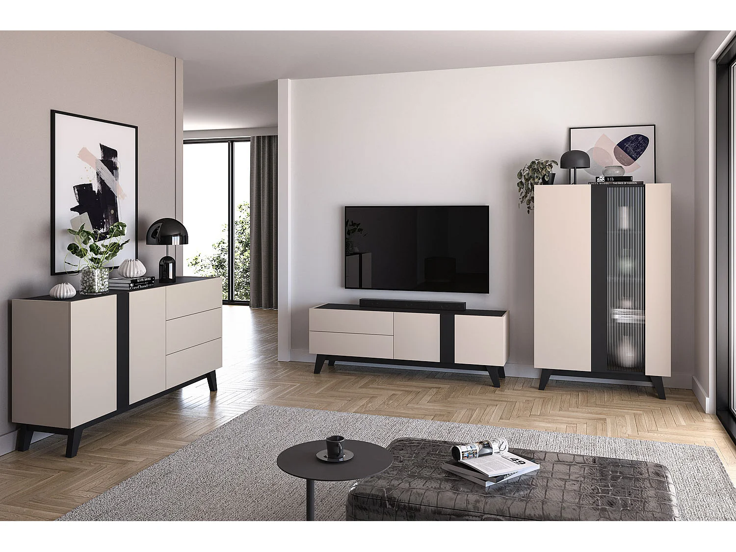 WOHNZIMMER-SET Freshion Kaschmir / Schwarz 3-teilig