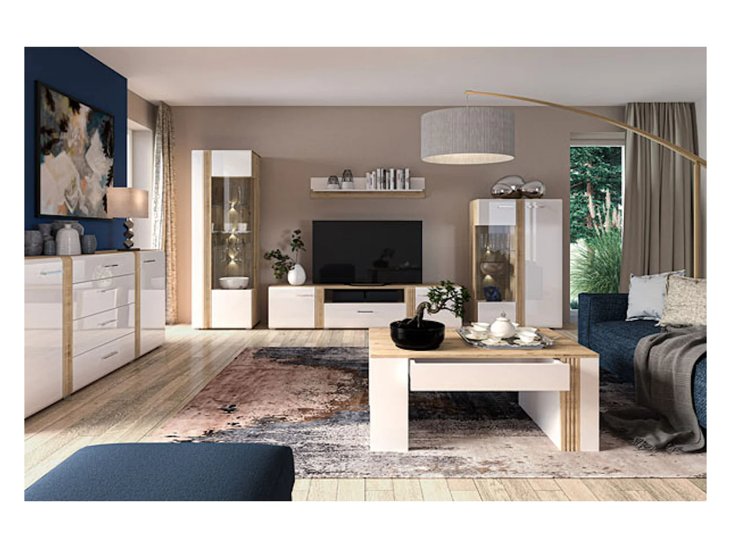 WOHNZIMMER-SET Adagio weiß Hochglanz / Eiche castello 2-teilig