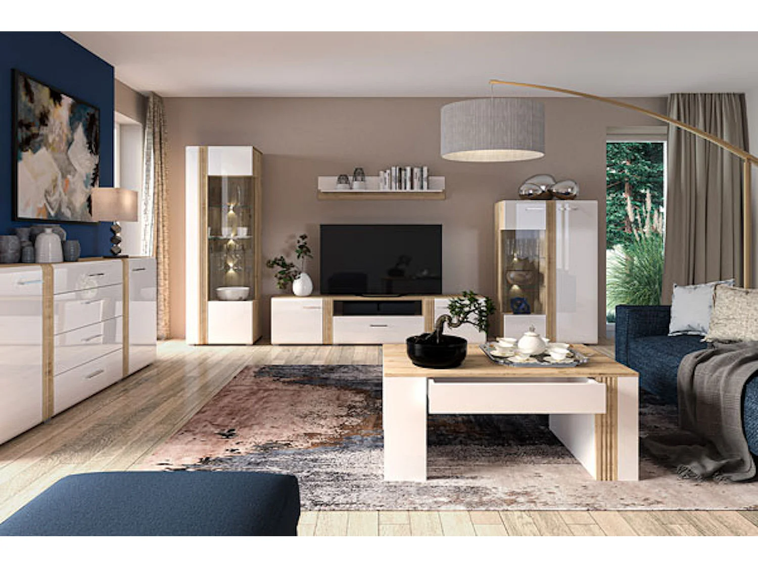 WOHNZIMMER-SET Adagio weiß Hochglanz / Eiche castello 2-teilig