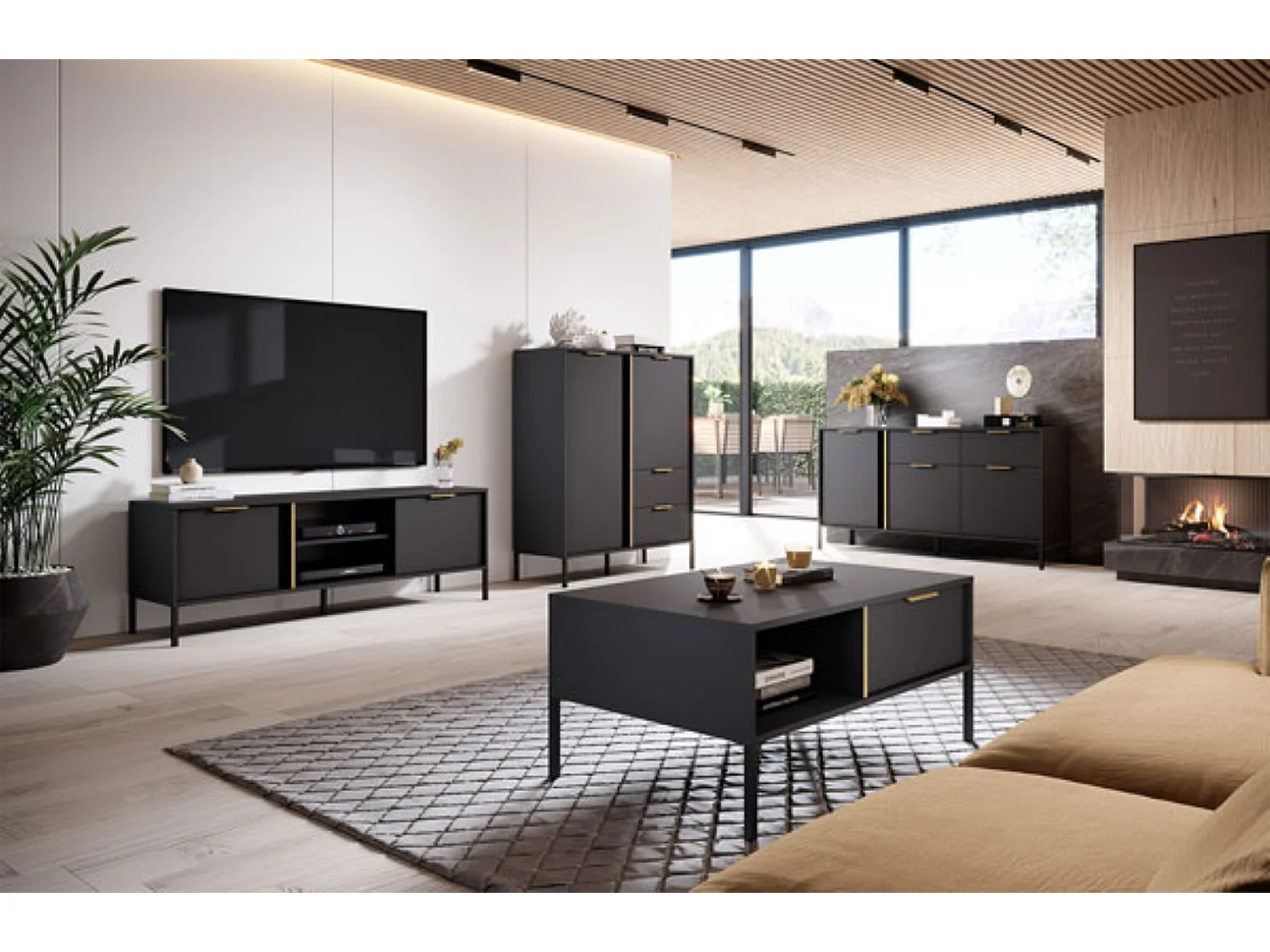 WOHNZIMMER-SET Lars anthrazit/gold 4-teilig