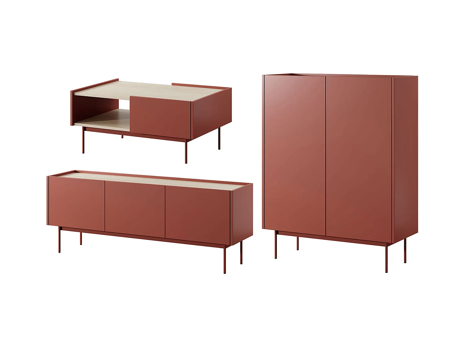 WOHNZIMMER-SET Color Keramikrot / Eiche Linea 3-teilig