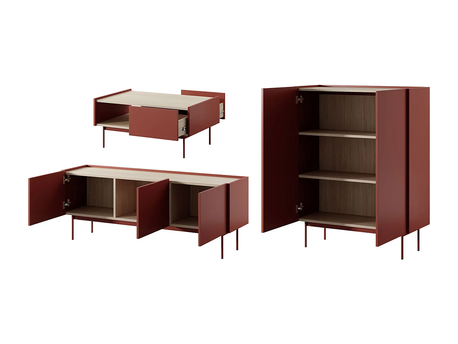 WOHNZIMMER-SET Color Keramikrot / Eiche Linea 3-teilig