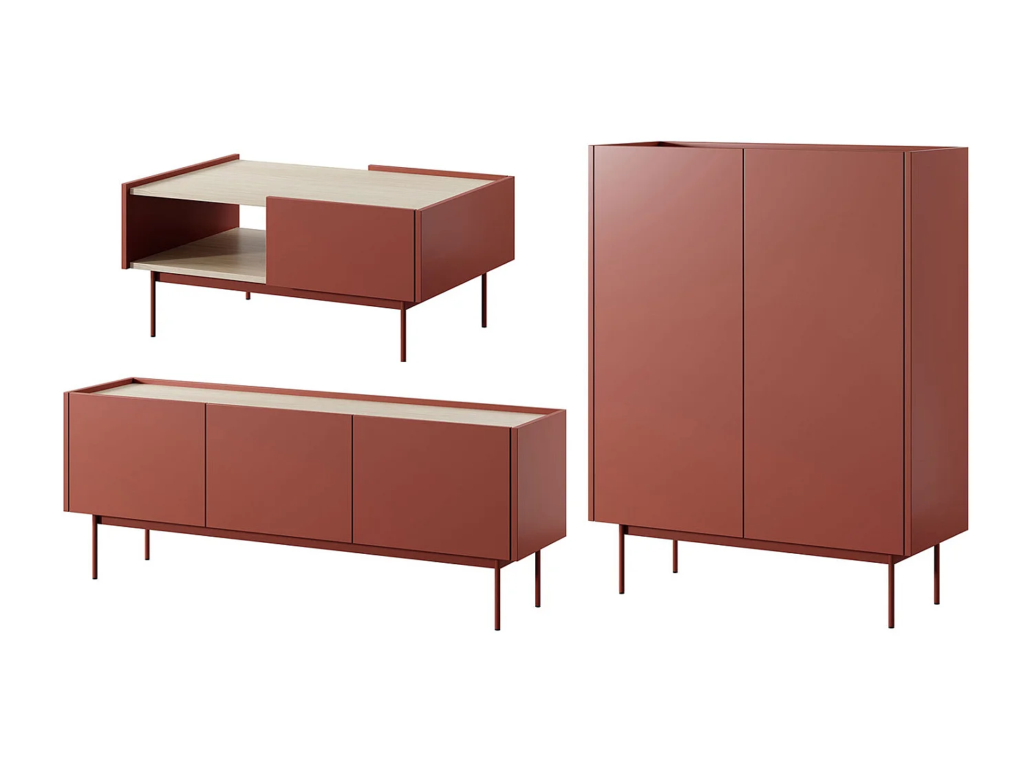 WOHNZIMMER-SET Color Keramikrot / Eiche Linea 3-teilig