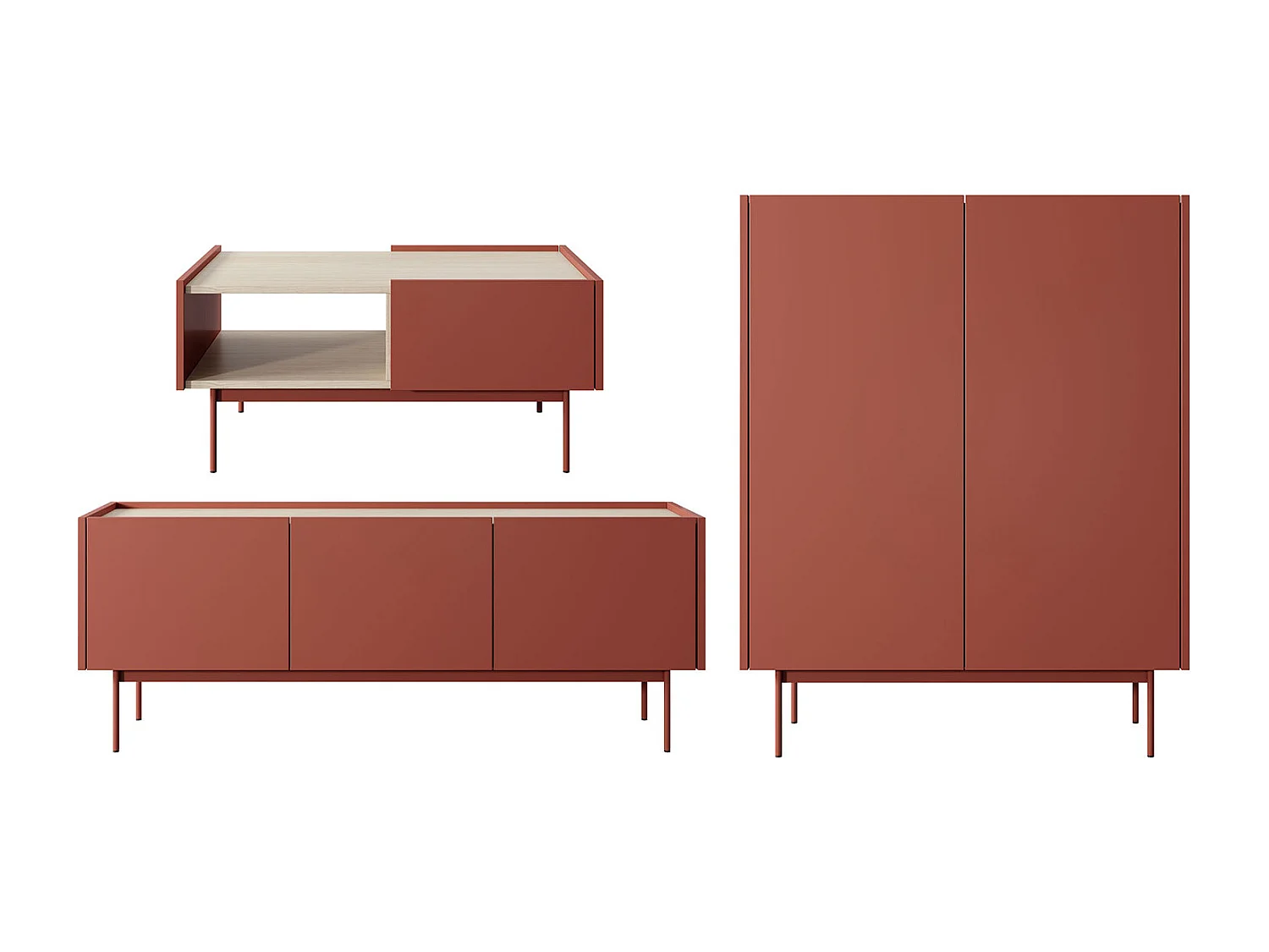 WOHNZIMMER-SET Color Keramikrot / Eiche Linea 3-teilig