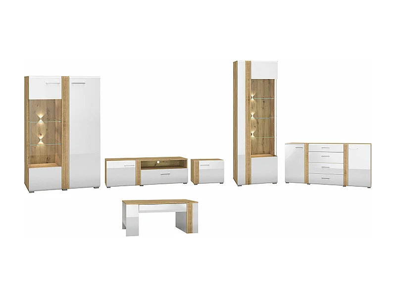 WOHNZIMMER-SET Adagio weiß Hochglanz / Eiche castello 6-teilig