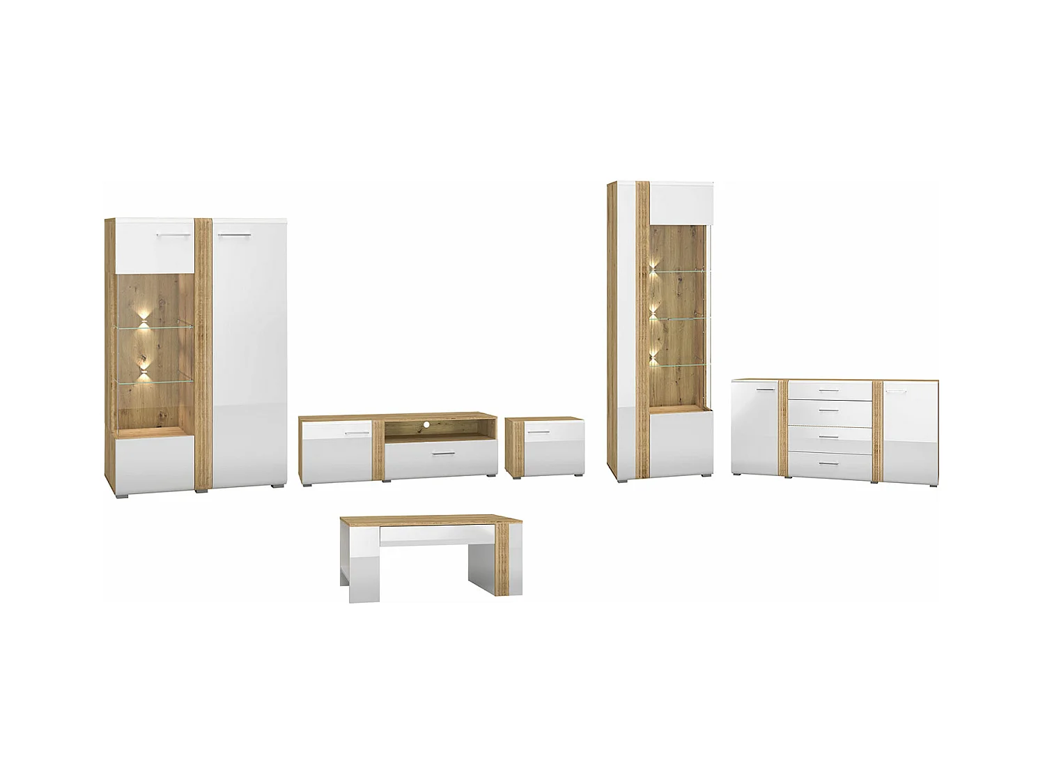 WOHNZIMMER-SET Adagio weiß Hochglanz / Eiche castello 6-teilig