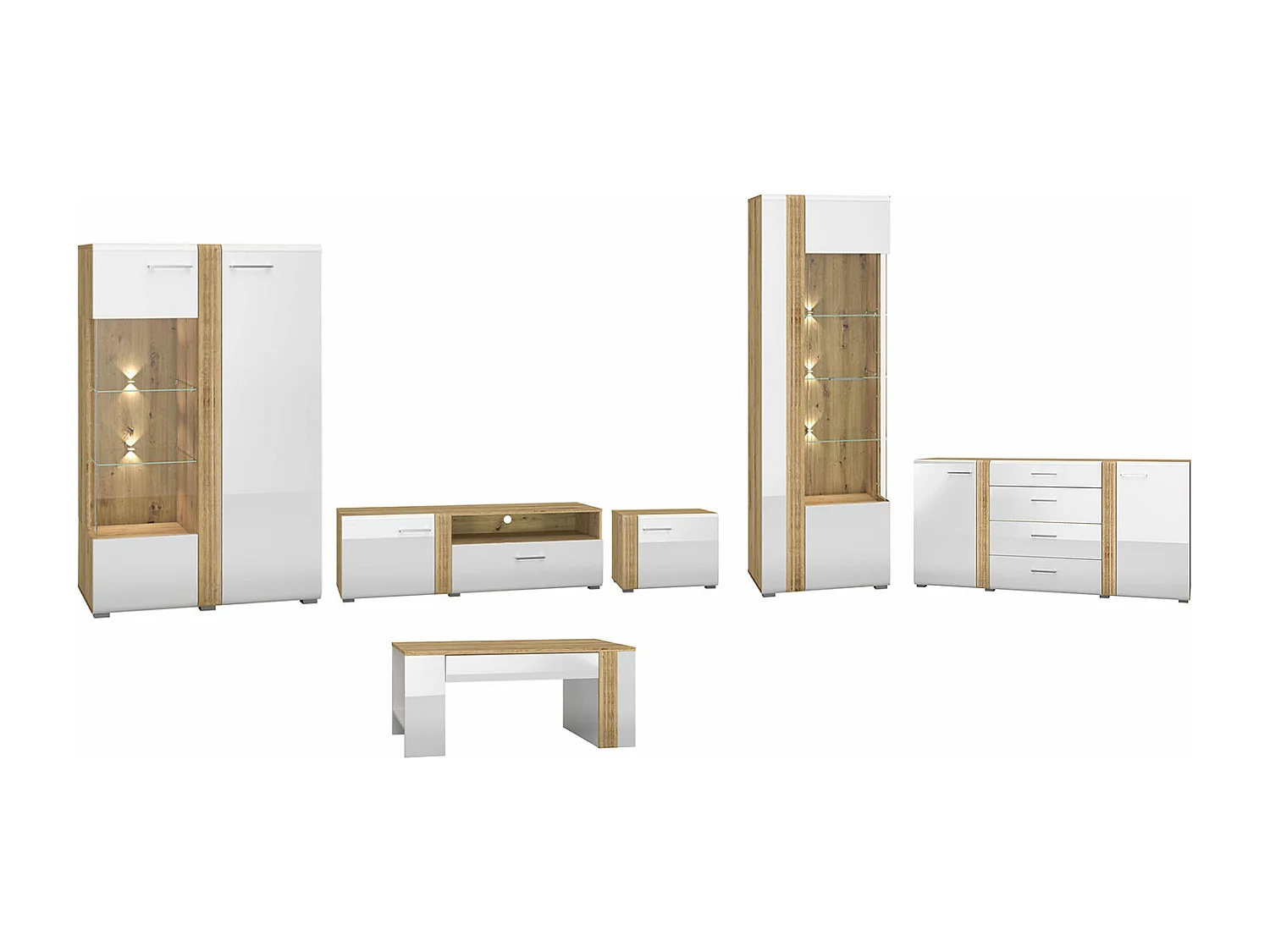 WOHNZIMMER-SET Adagio weiß Hochglanz / Eiche castello 6-teilig