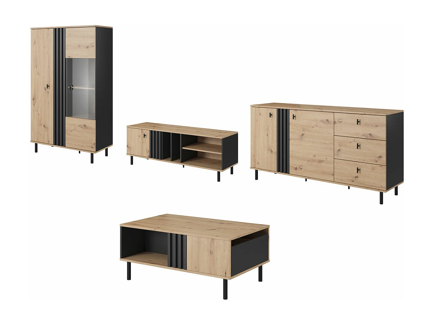 WOHNZIMMER-SET Madis sand grange eiche / anthrazit 4-teilig