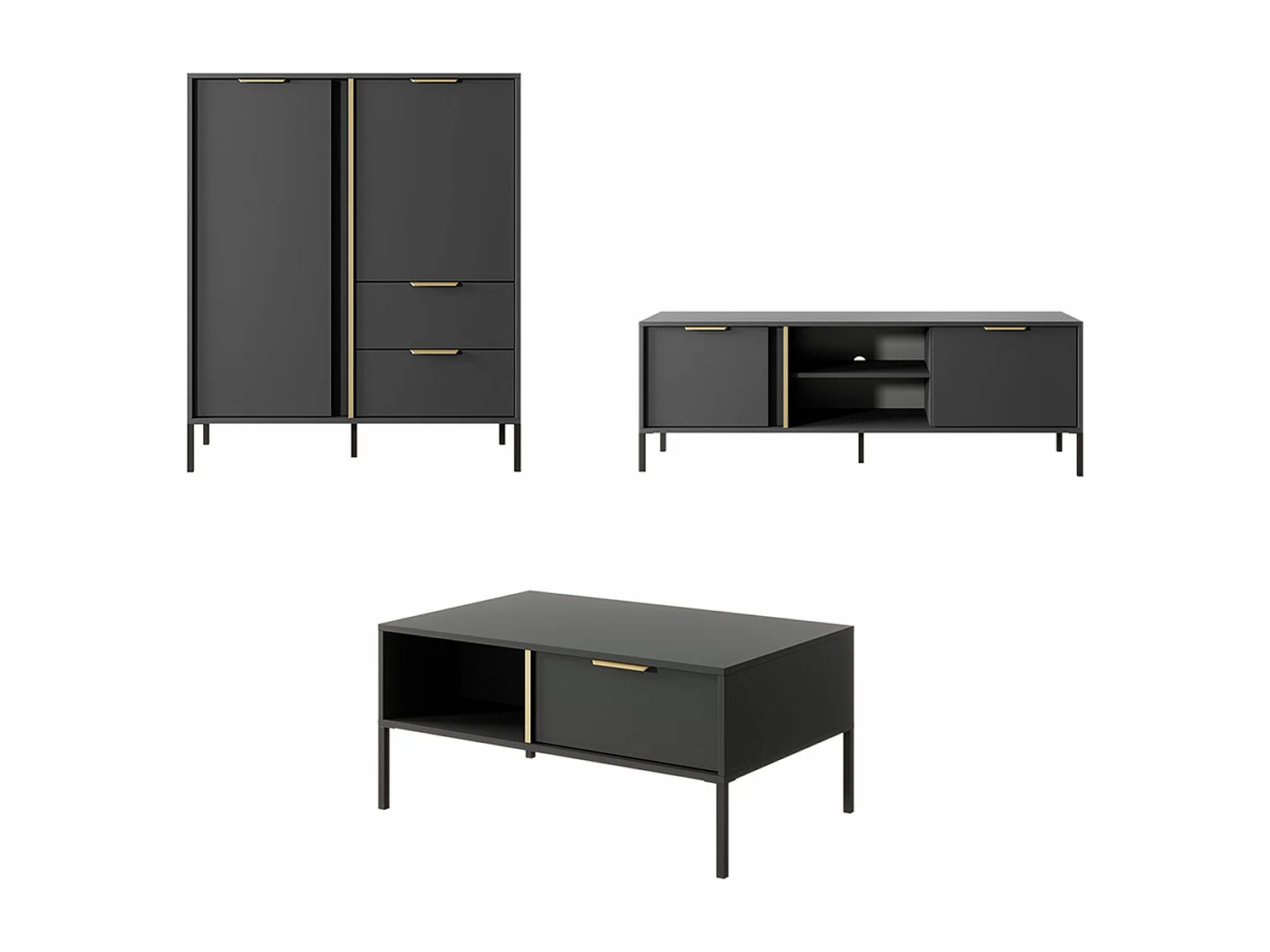 WOCHNZIMMER-SET Lars anthrazit / gold 3-teilig