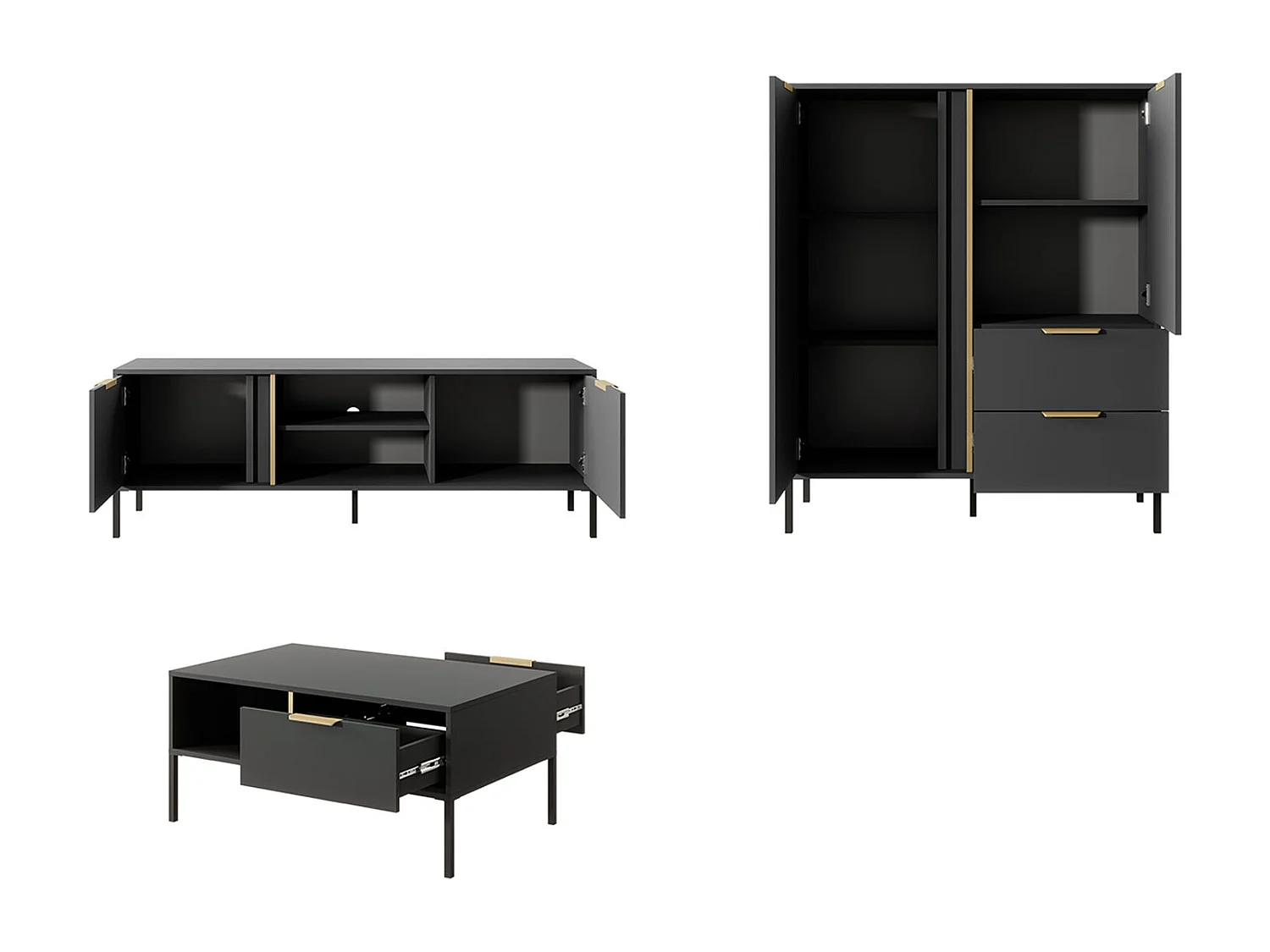 WOCHNZIMMER-SET Lars anthrazit / gold 3-teilig