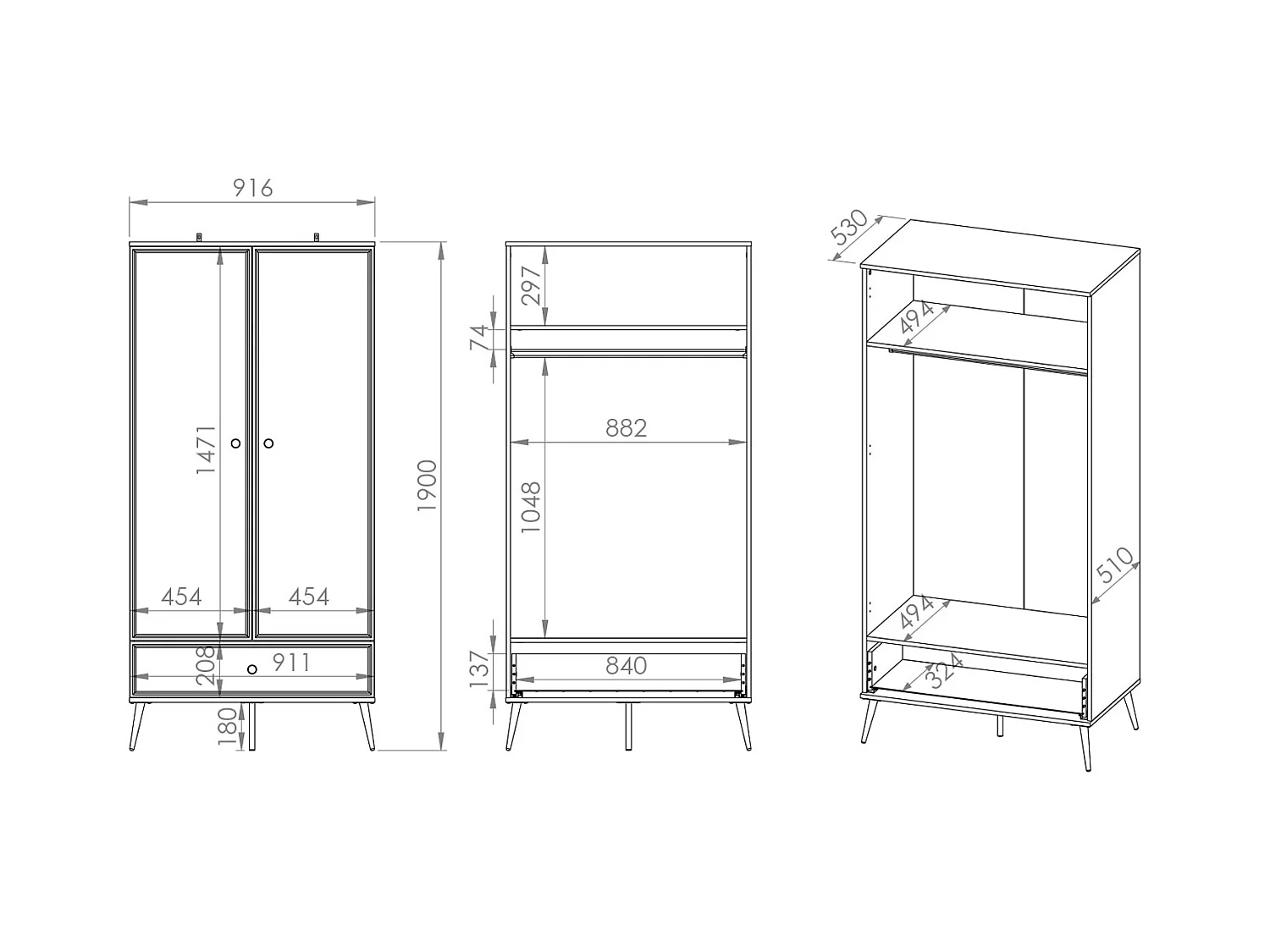KLEIDERSCHRANK Goldin weiß / weiß hochglanz / gold 92 / 53 / 190cm