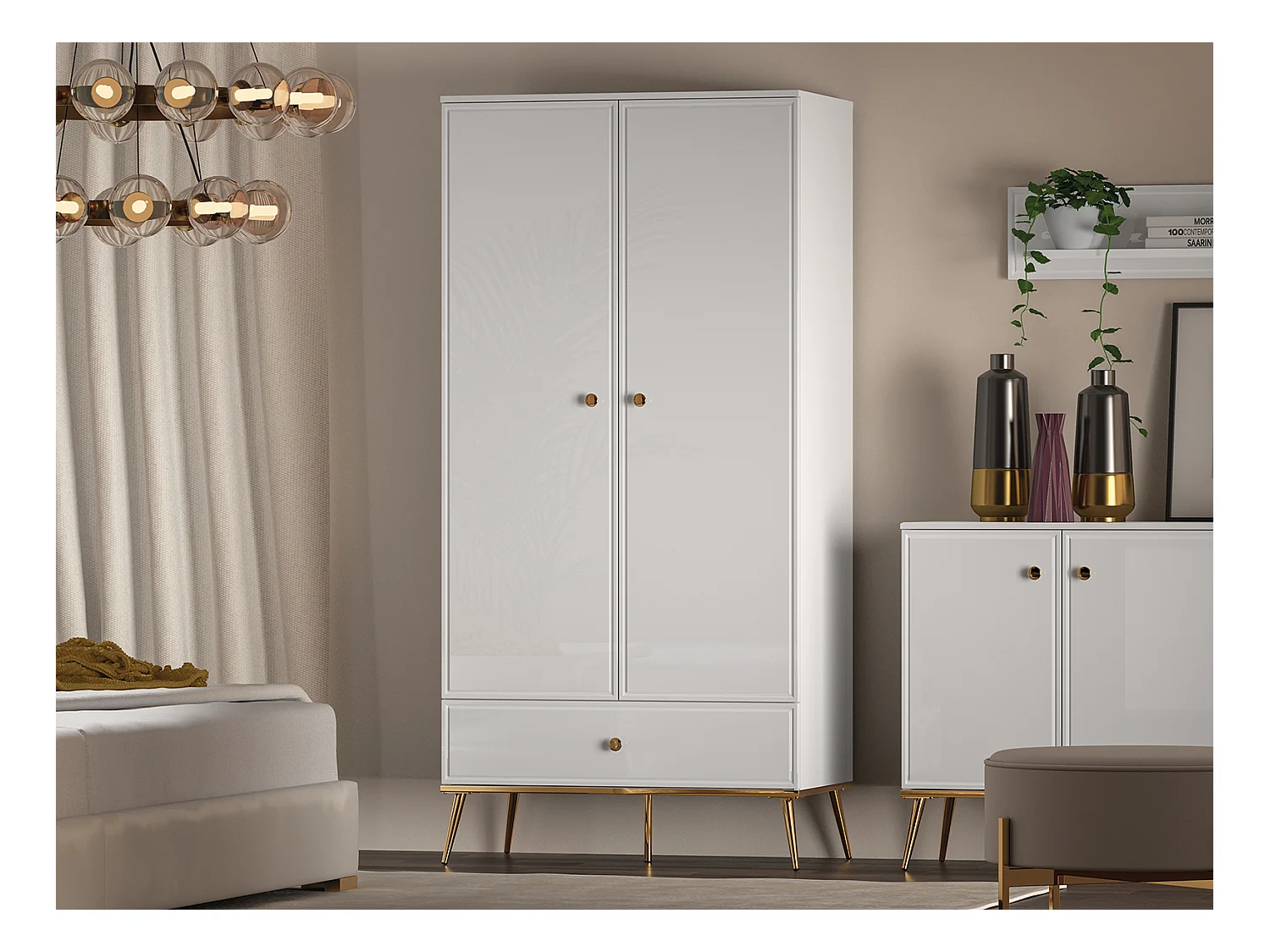 KLEIDERSCHRANK Goldin weiß / weiß hochglanz / gold 92 / 53 / 190cm