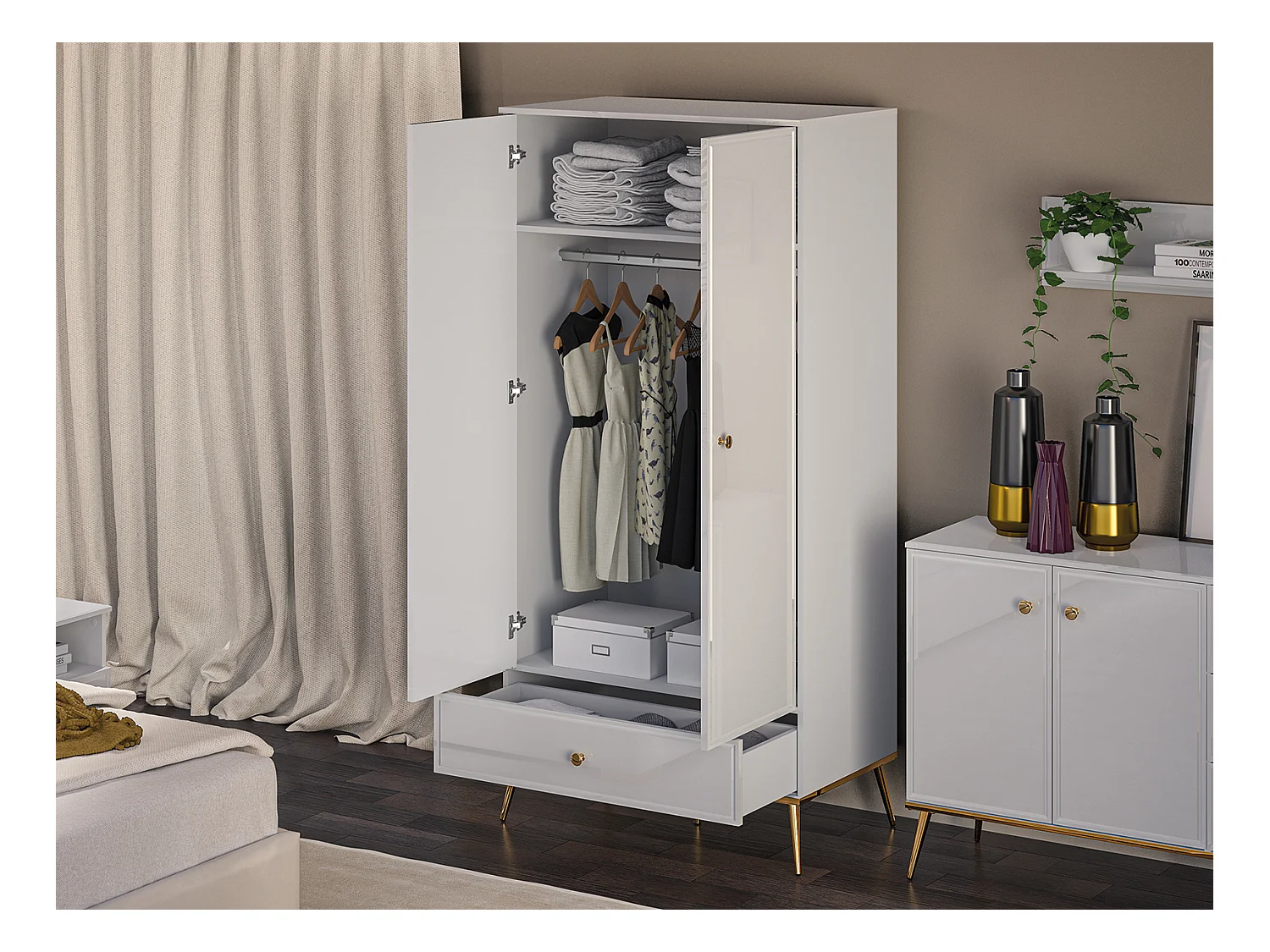 KLEIDERSCHRANK Goldin weiß / weiß hochglanz / gold 92 / 53 / 190cm