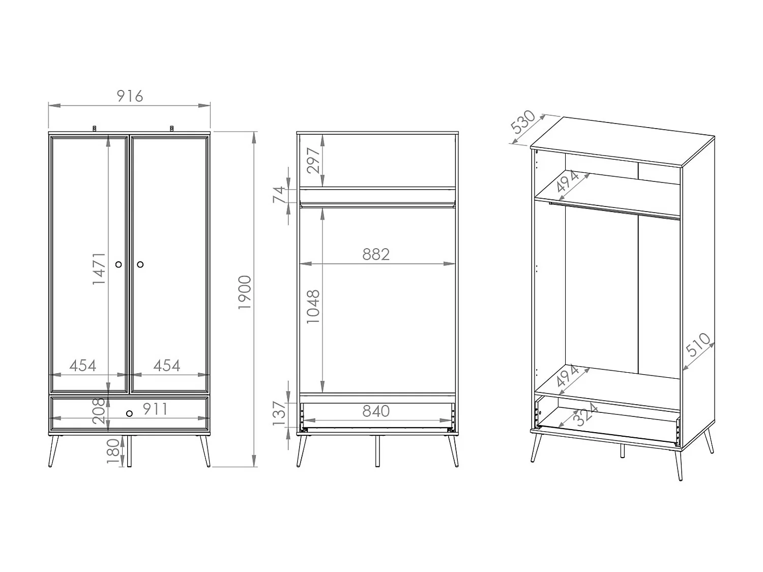 KLEIDERSCHRANK Goldin weiß / weiß hochglanz / gold 92 / 53 / 190cm