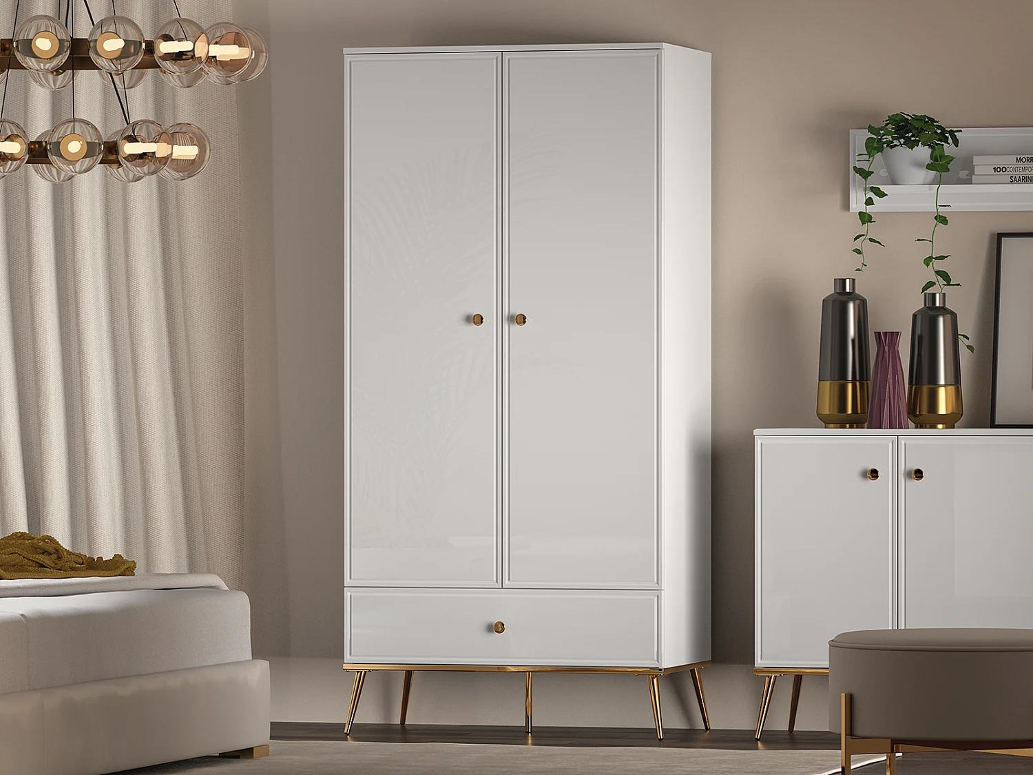 KLEIDERSCHRANK Goldin weiß / weiß hochglanz / gold 92 / 53 / 190cm