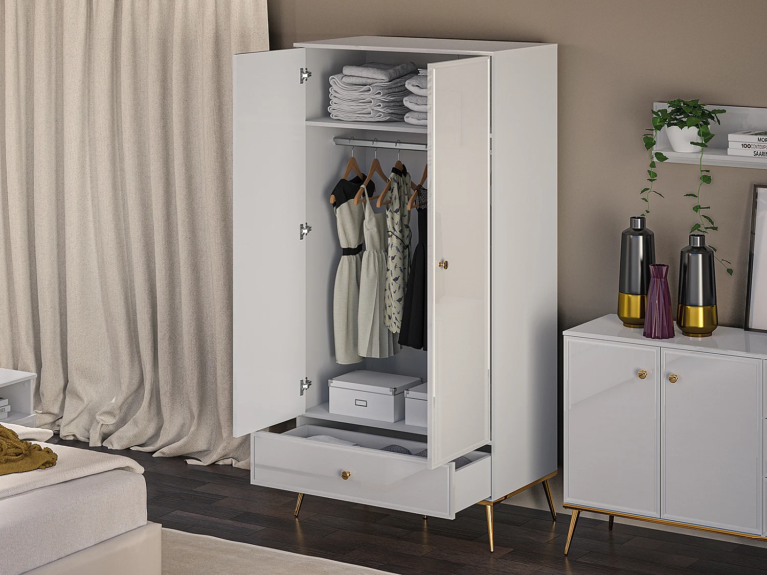 KLEIDERSCHRANK Goldin weiß / weiß hochglanz / gold 92 / 53 / 190cm