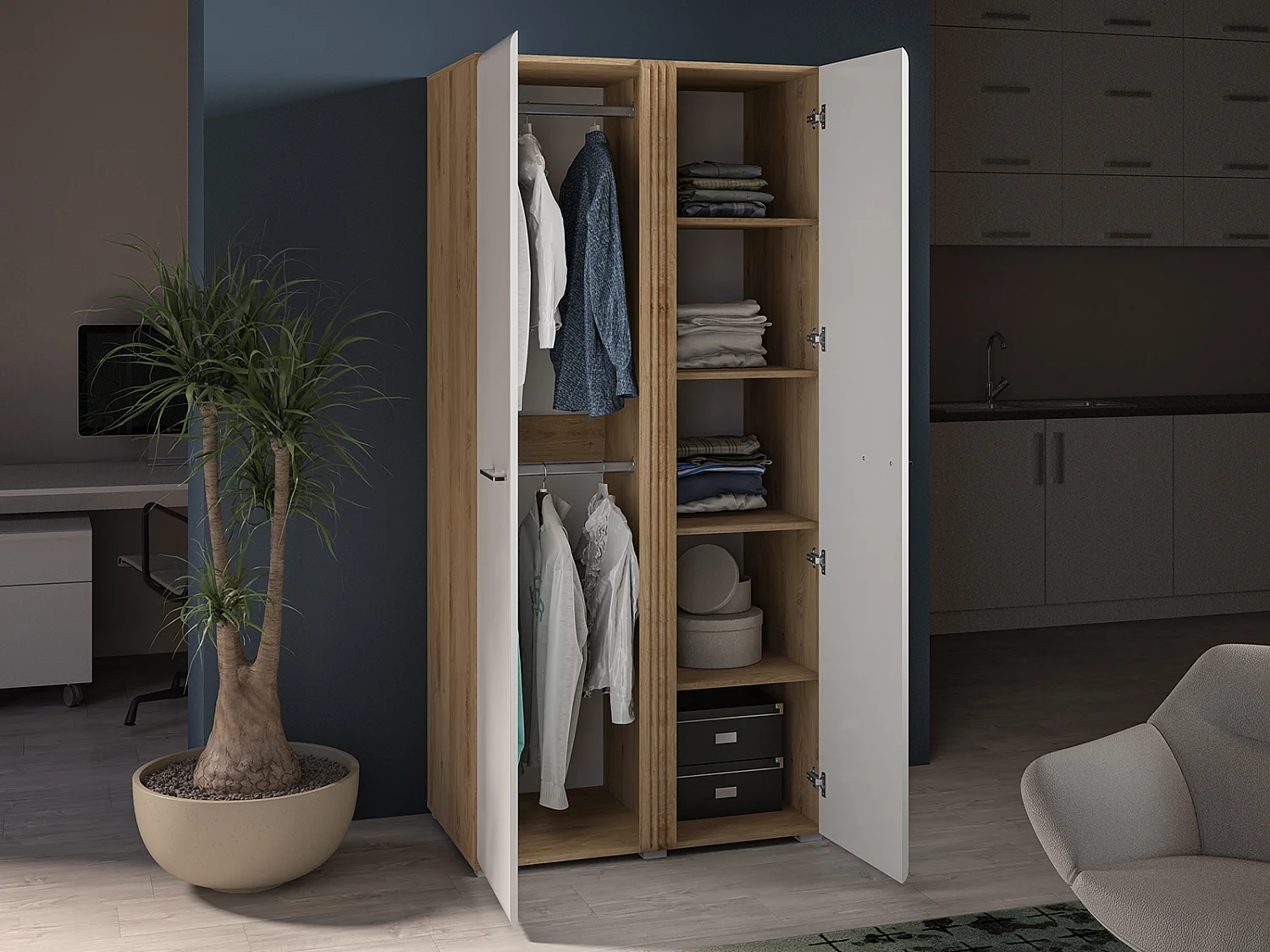 KLEIDERSCHRANK Adagio weiß hochglanz / Eiche castello 92 / 56 / 196cm