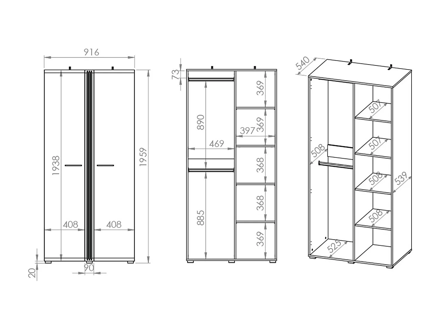 KLEIDERSCHRANK Adagio weiß hochglanz / Eiche castello 92 / 56 / 196cm