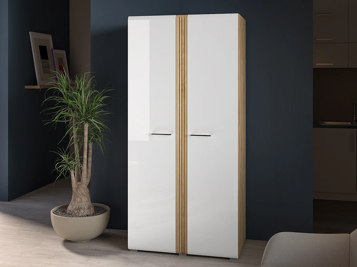 KLEIDERSCHRANK Adagio weiß hochglanz / Eiche castello 92 / 56 / 196cm