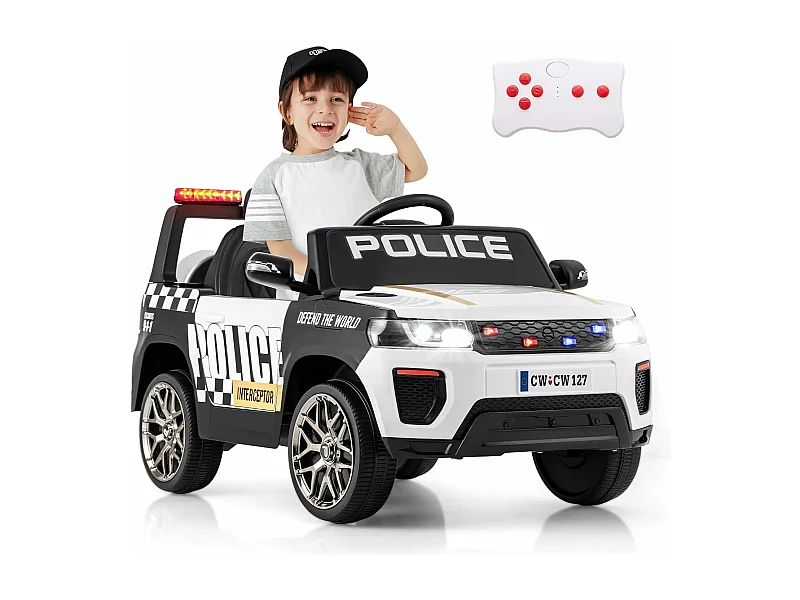 12V elektrische kinderauto met 2.4G afstandsbediening, 4x4 elektrische politieauto voor kinderen met muziek en led-verlichting, laadvermogen 30 kg voor 3-8 jaar