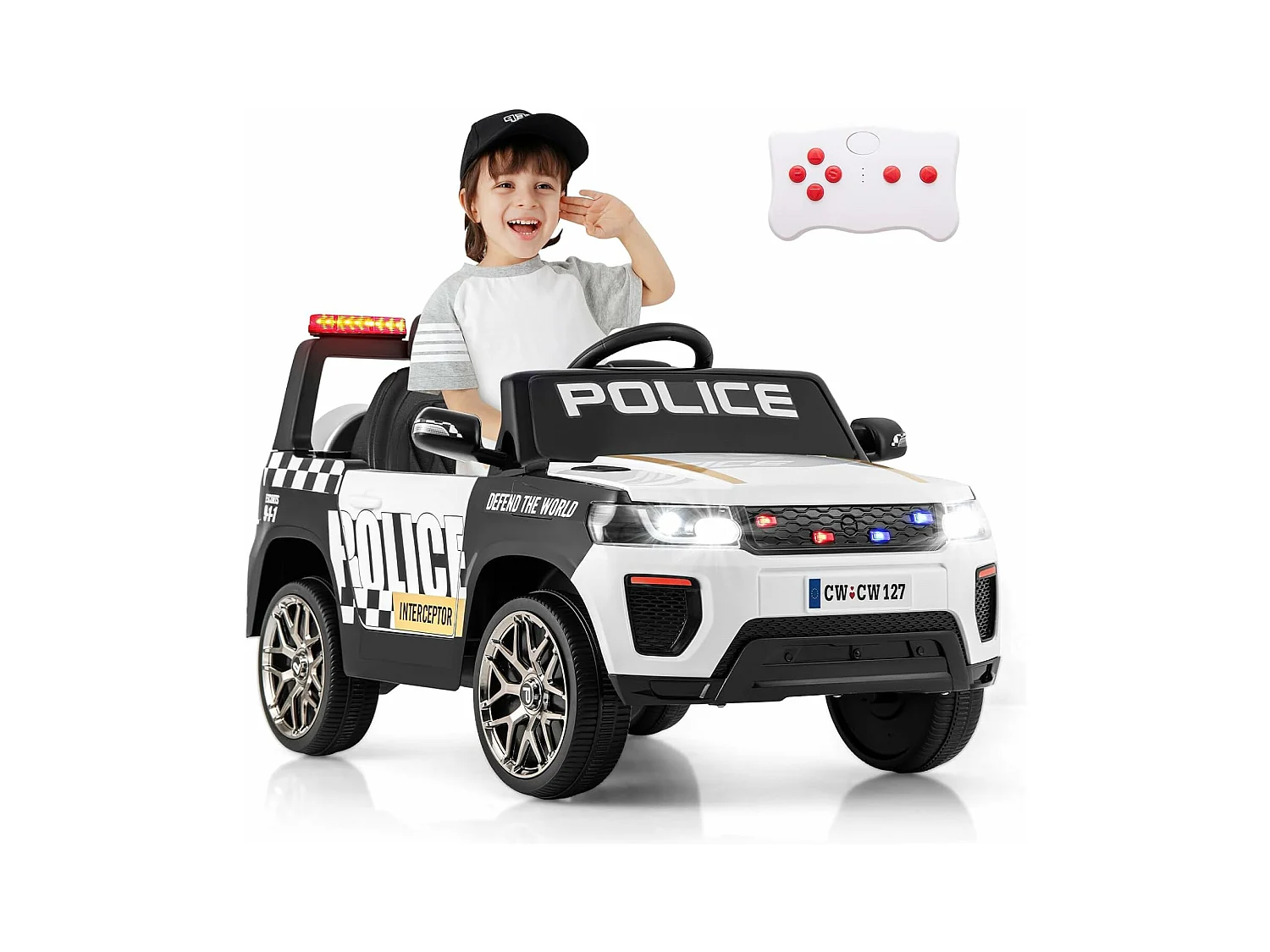 12V elektrische kinderauto met 2.4G afstandsbediening, 4x4 elektrische politieauto voor kinderen met muziek en led-verlichting, laadvermogen 30 kg voor 3-8 jaar